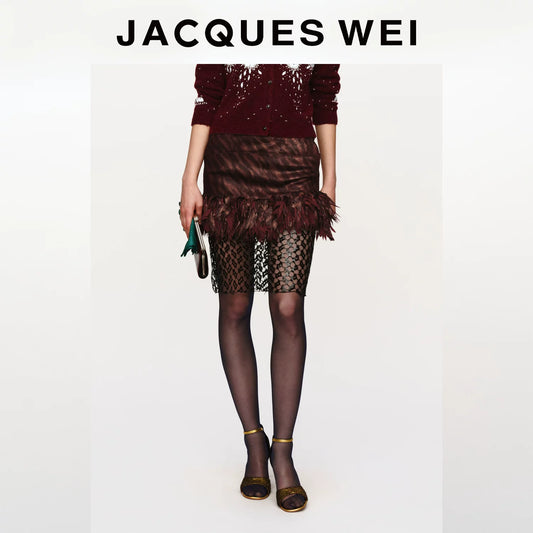 Burgundy Floral Lace-Trim Sheer Sequin Skirt