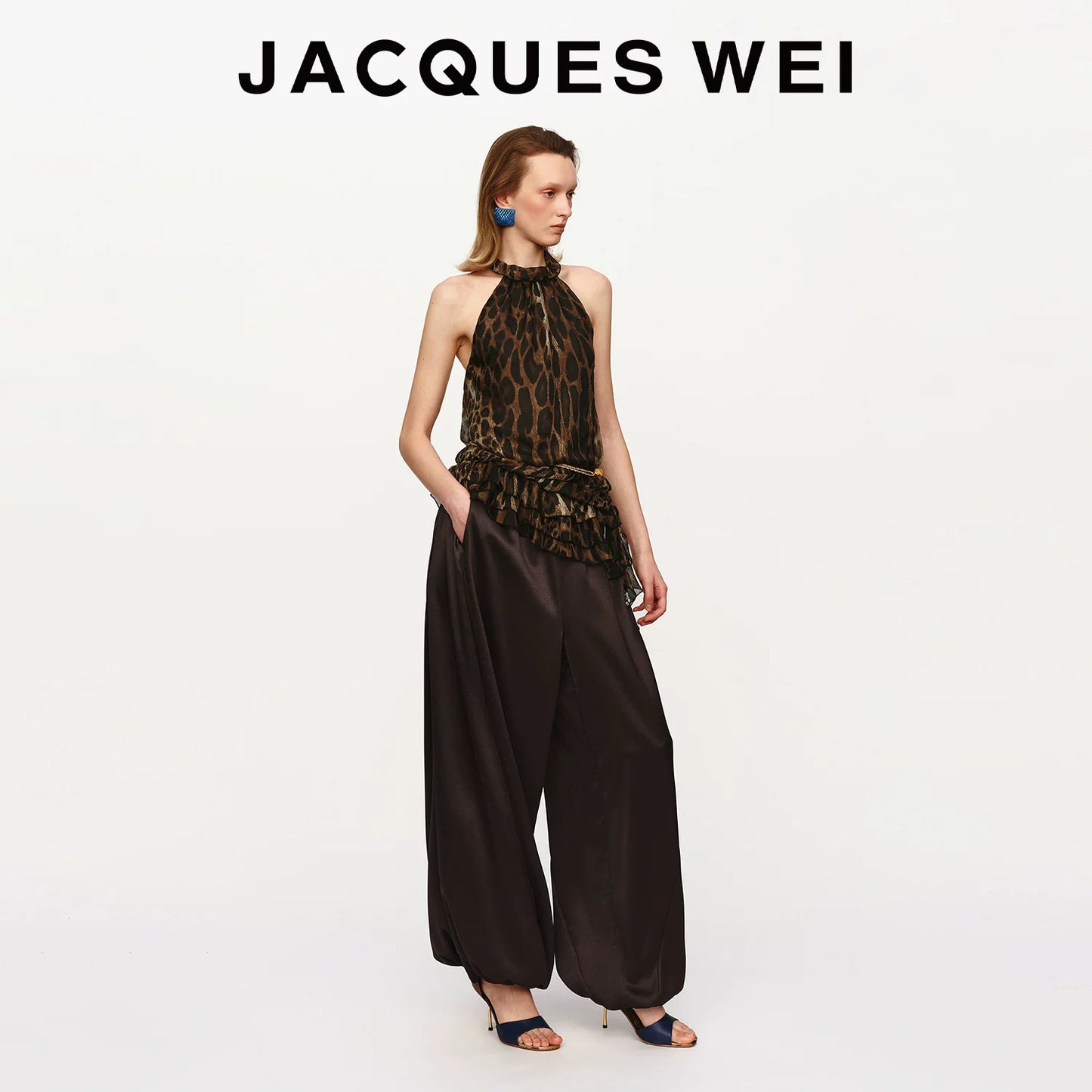 Leather Panel Drawstring Silk Trousers