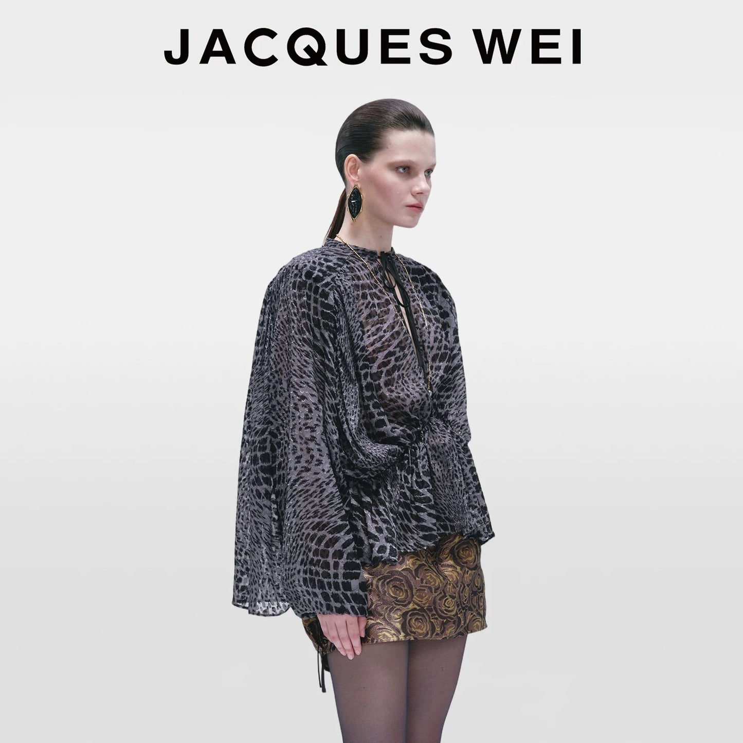 Dark Grey Fish Scale Print Silk Blouse
