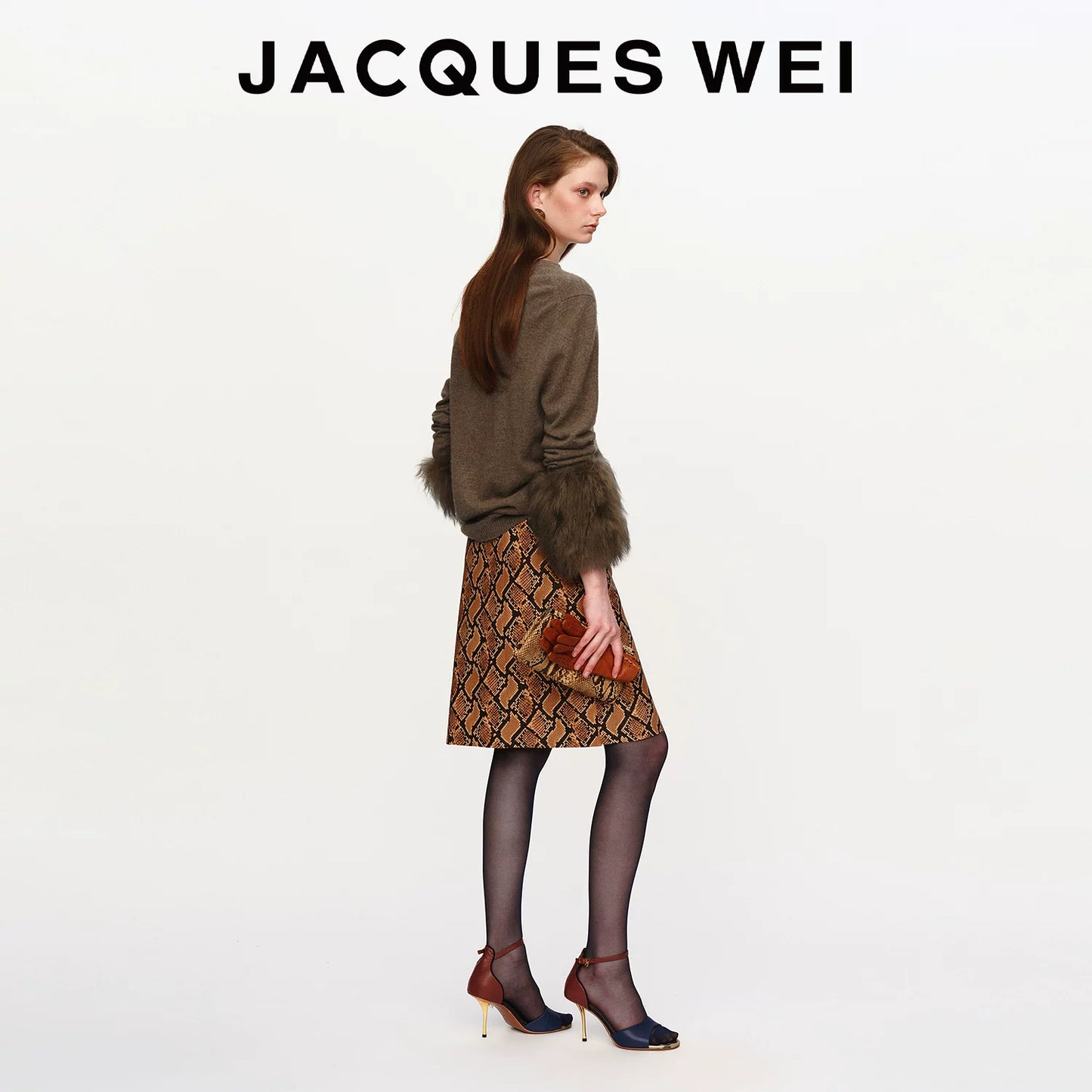 Brown Snake Embossed Leather Midi Skirt