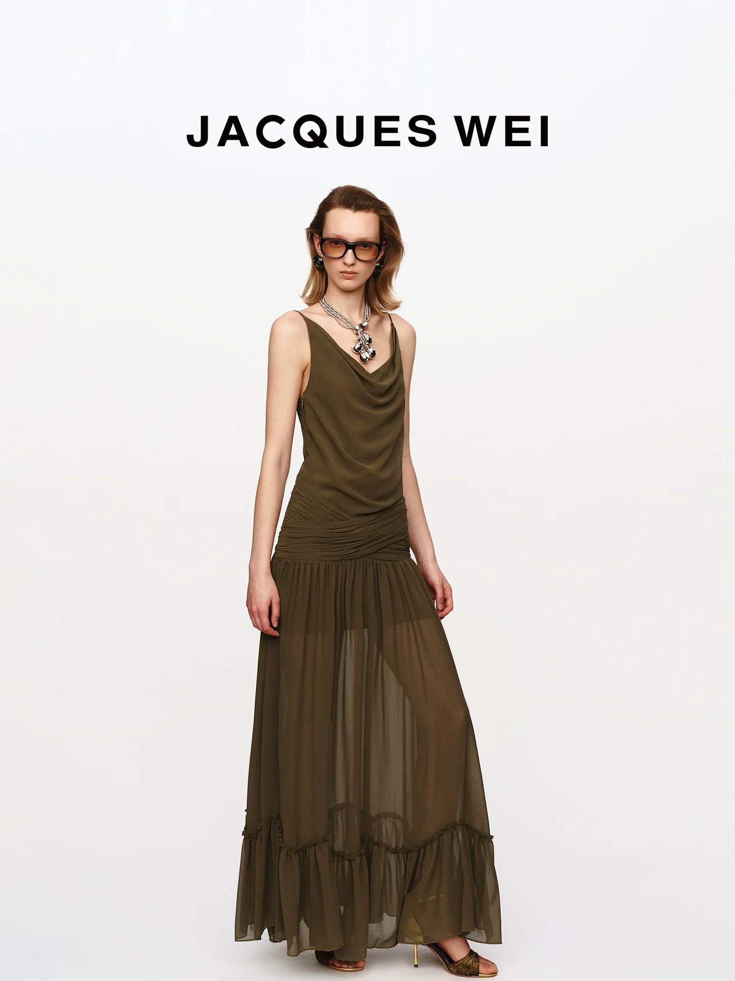 Olive Green Ruched-Waist Sheer Suspender Dress