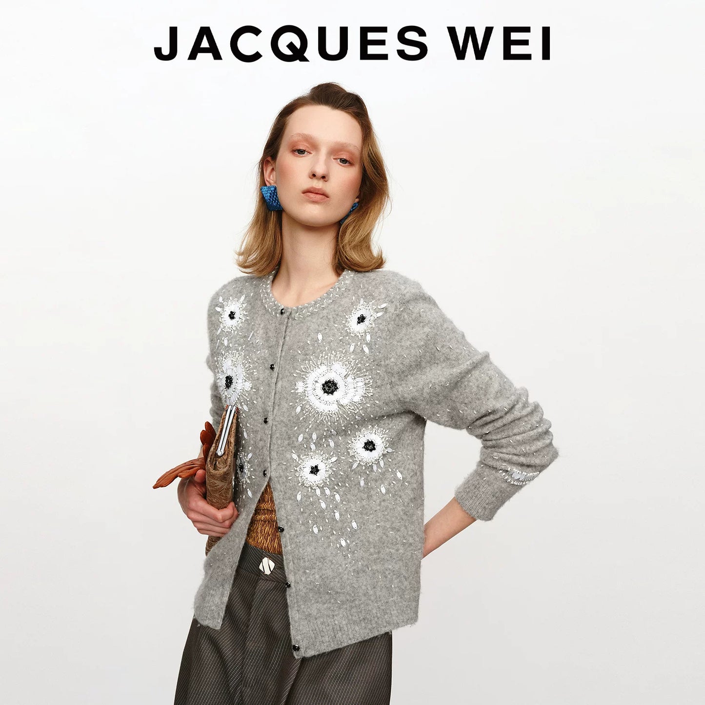 Gray Floral Beaded Wool Cardigan