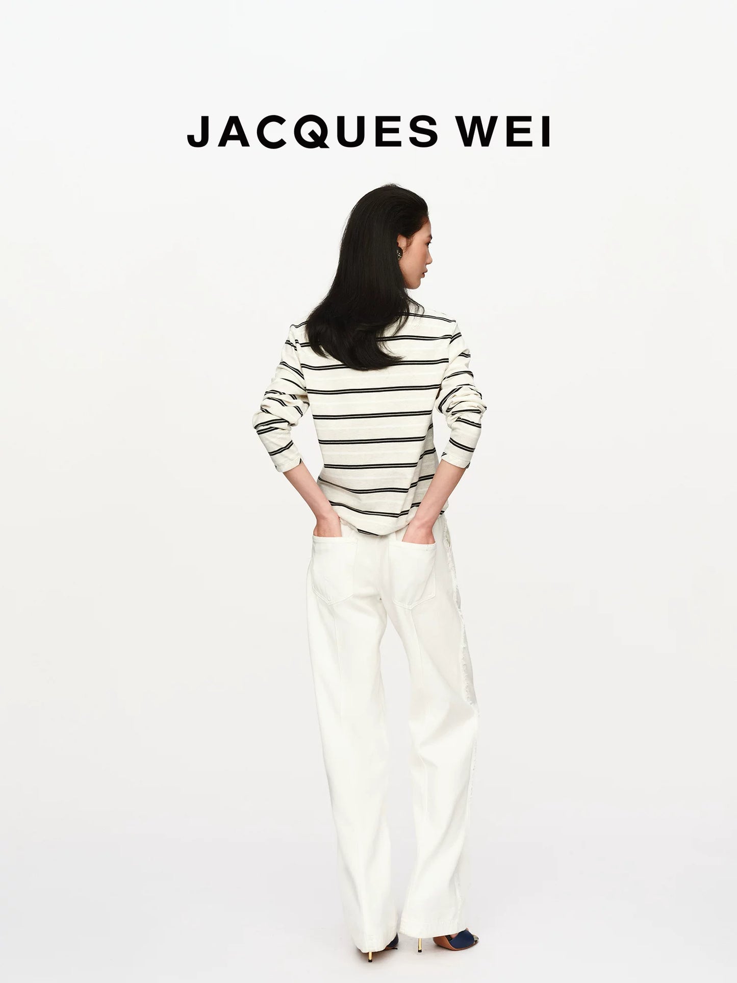 Irregular Wave Neckline White Pinstripe Long Sleeve T-Shirt