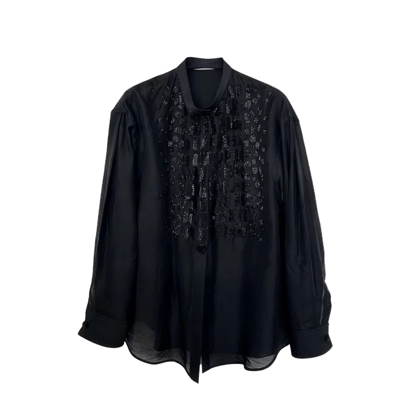 Black Crocodile-Embossed Beaded Collarless Shirt