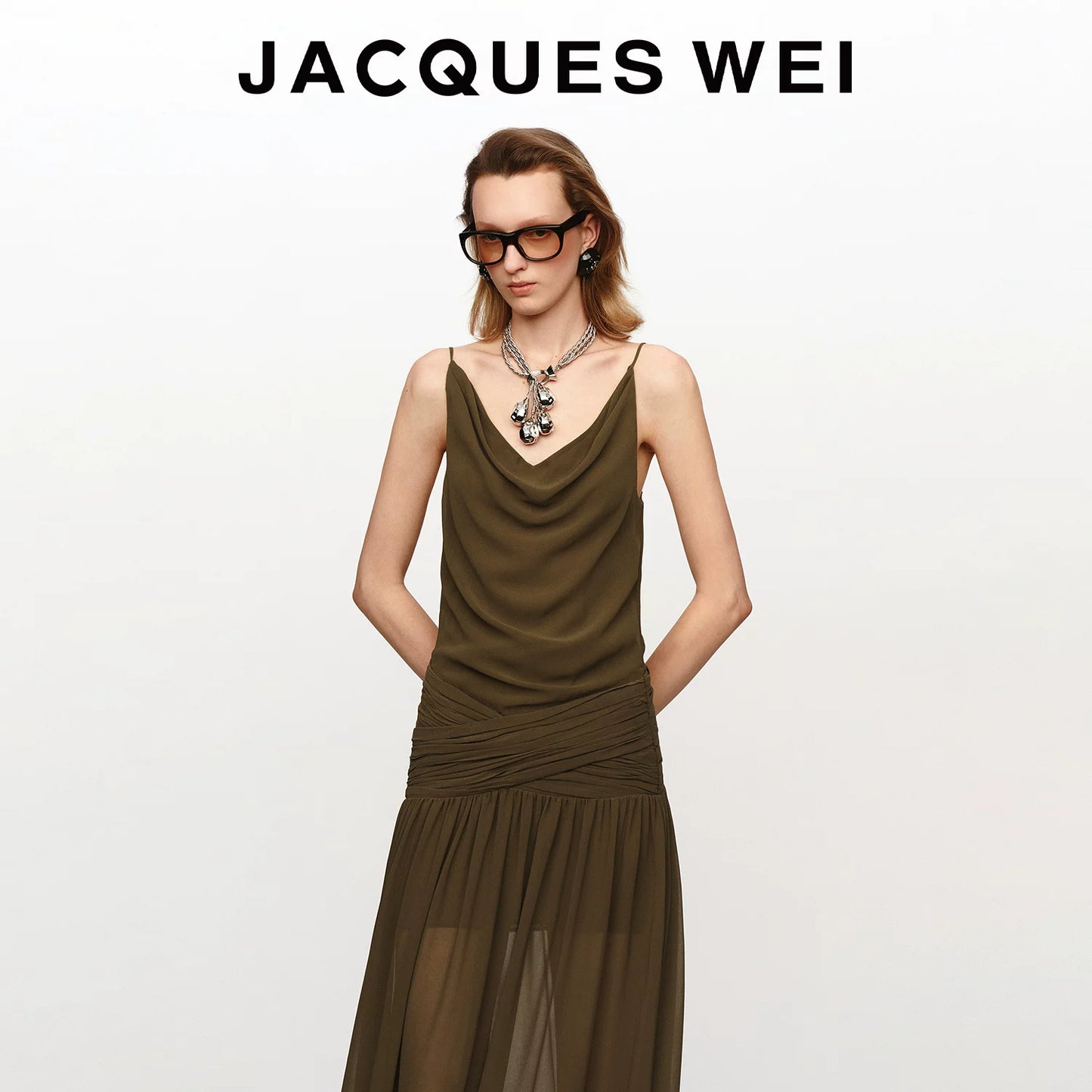 Olive Green Ruched-Waist Sheer Suspender Dress
