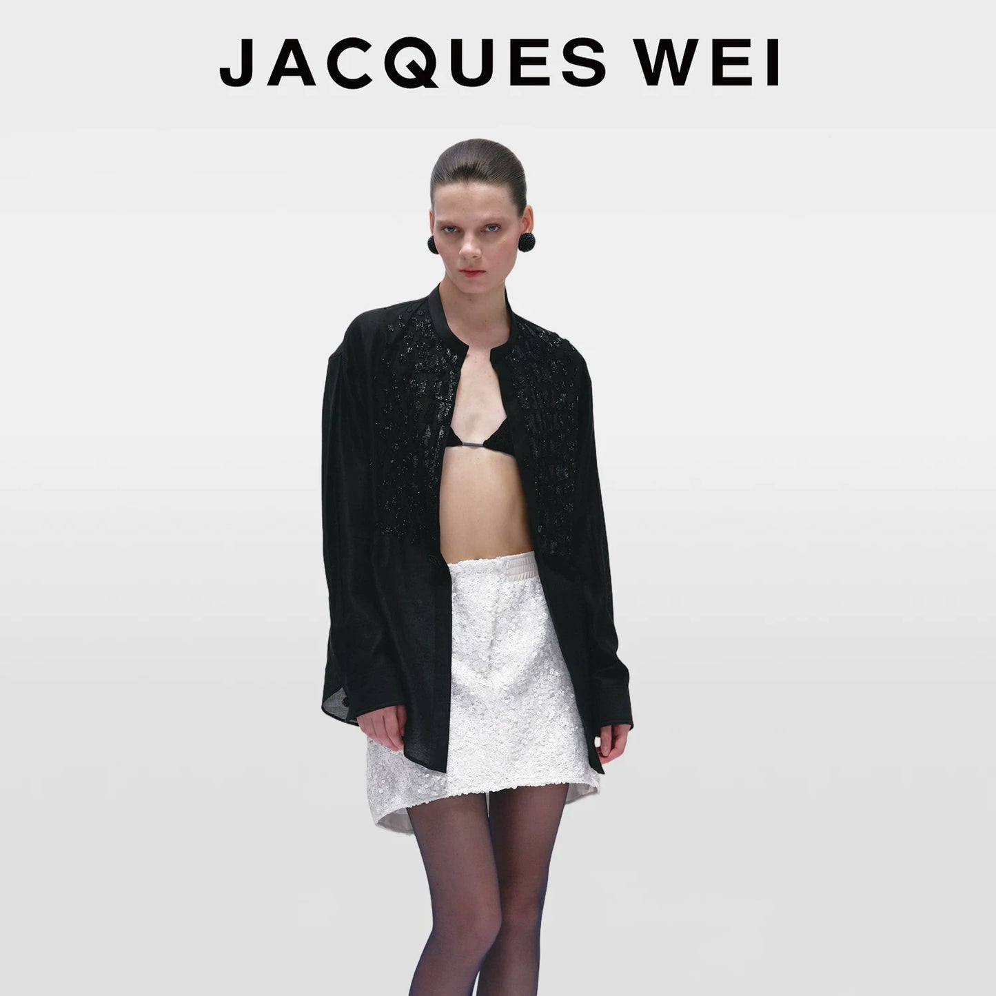 Black Crocodile-Embossed Beaded Collarless Shirt