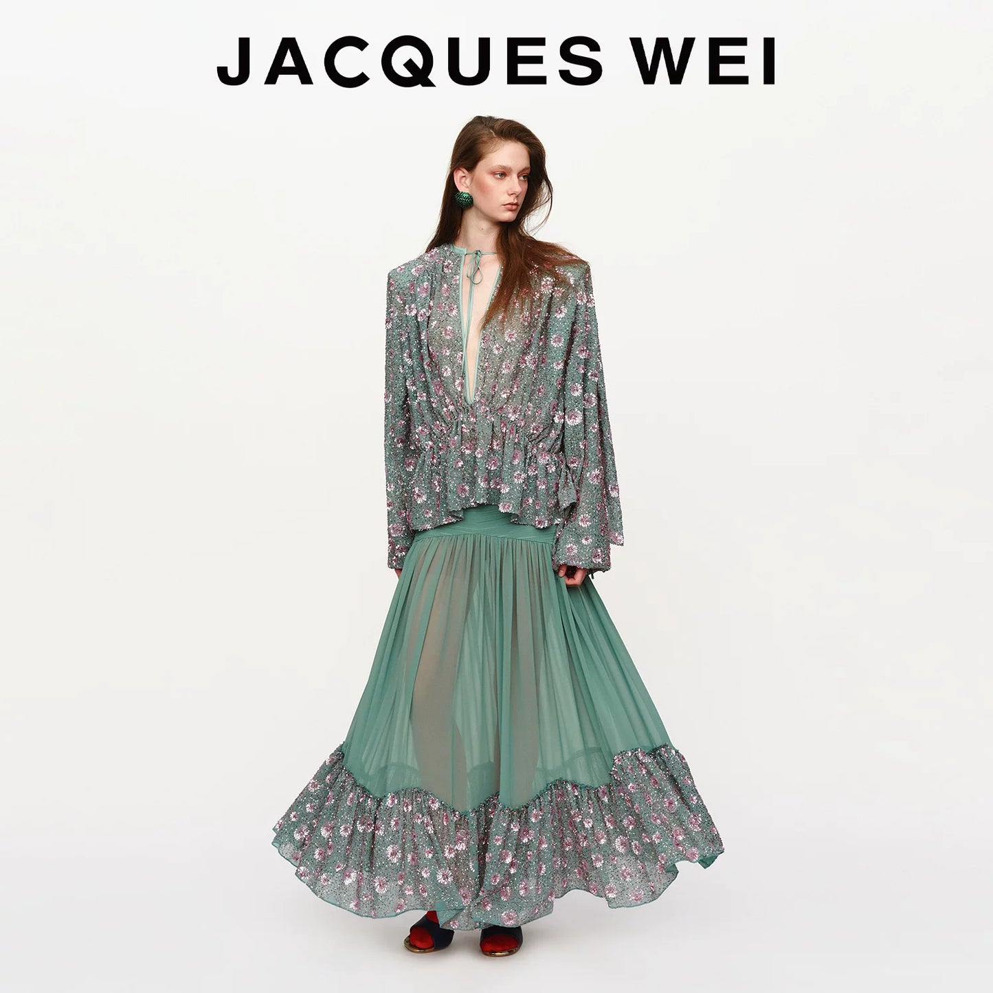 Aqua Green Sequin-Embroidered Pleated Maxi Skirt
