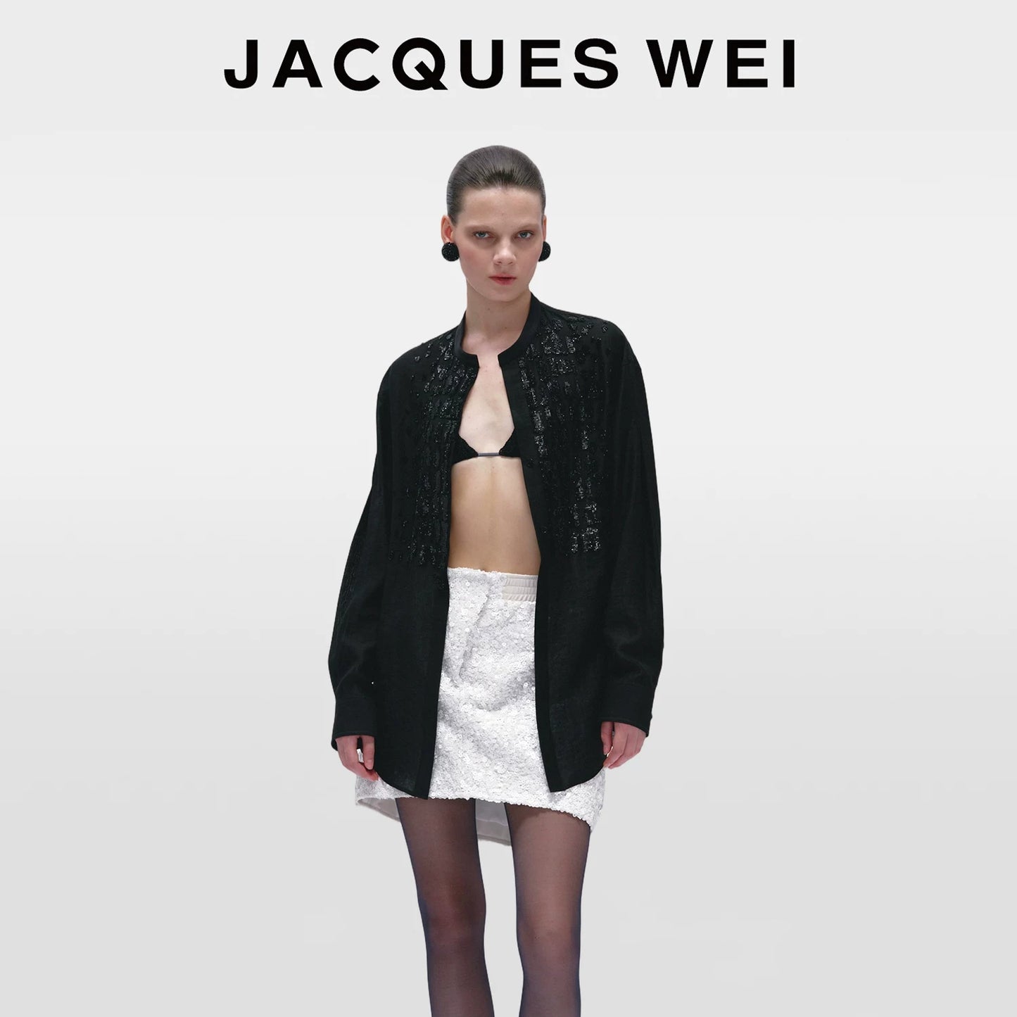 Black Crocodile-Embossed Beaded Collarless Shirt