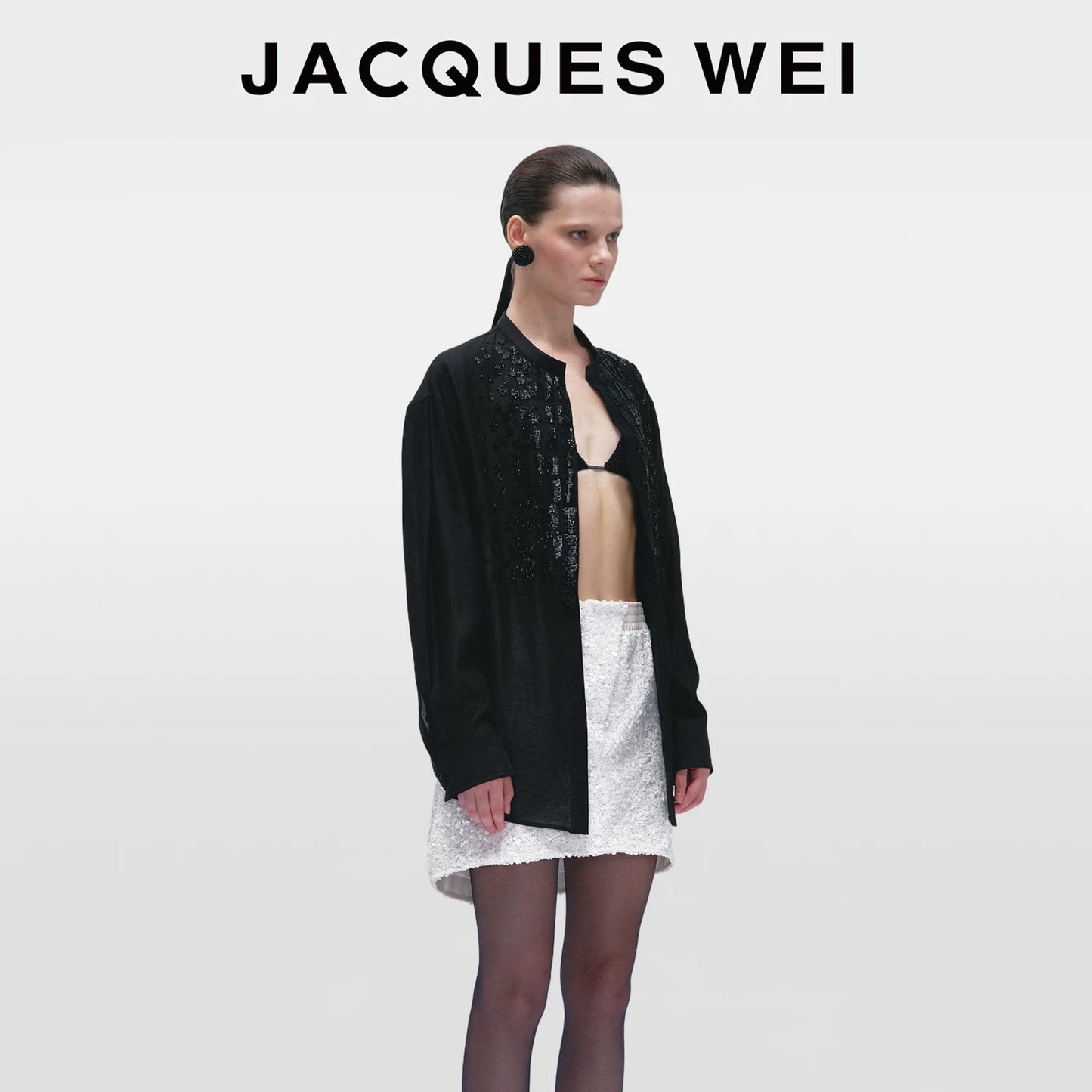 Black Crocodile-Embossed Beaded Collarless Shirt