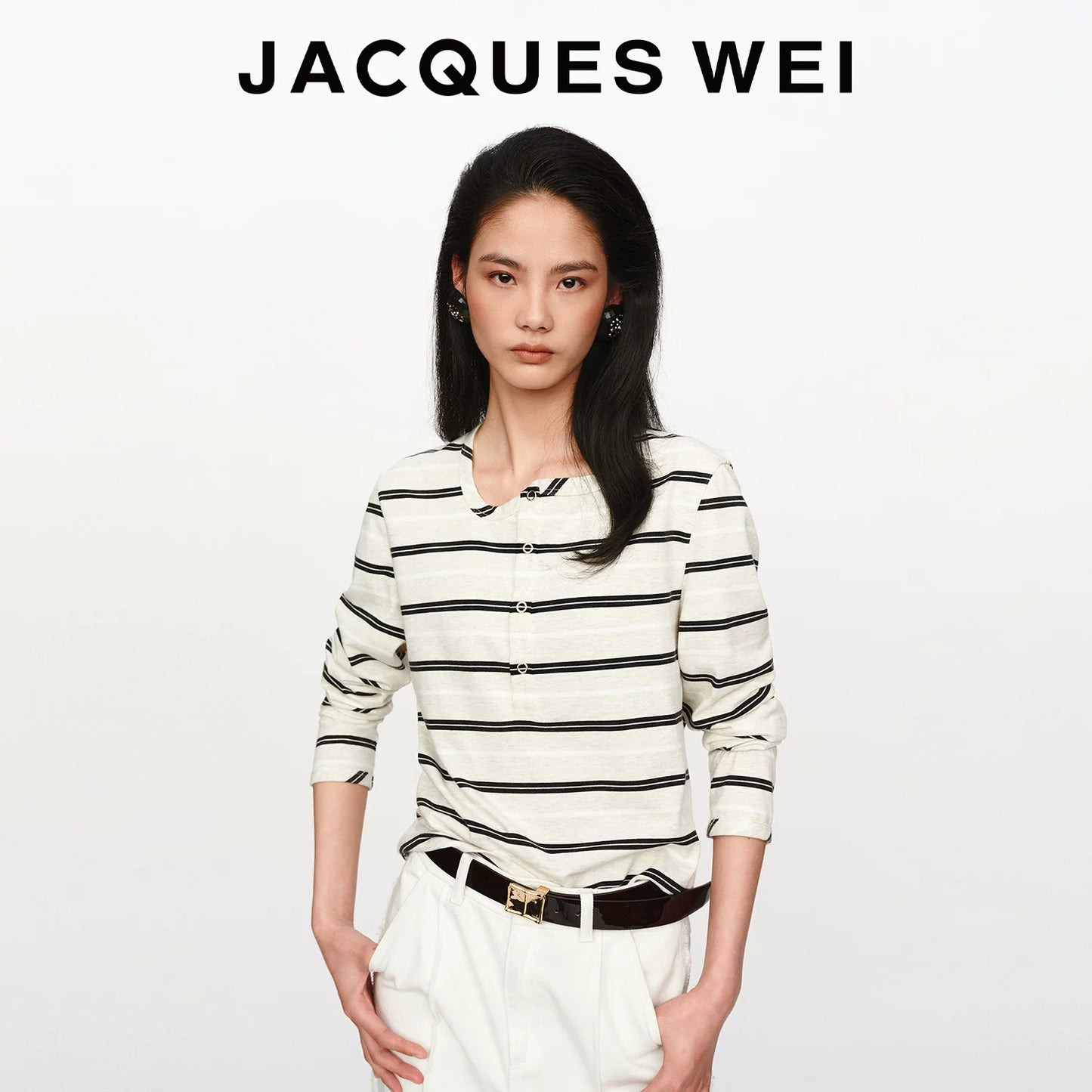 Irregular Wave Neckline White Pinstripe Long Sleeve T-Shirt