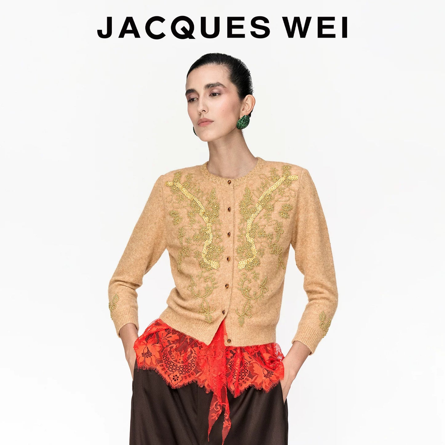 Handcrafted Floral Beaded Wool Cardigan in Light Camel