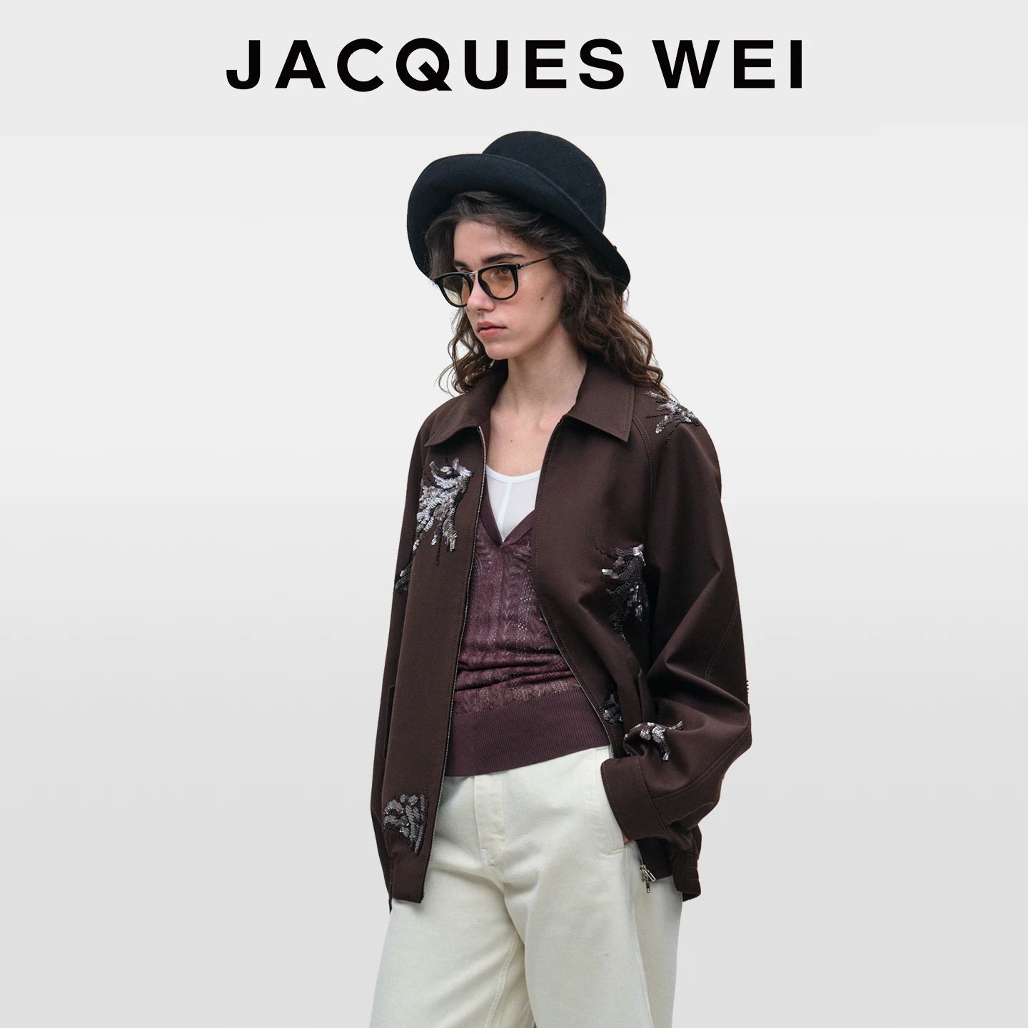 Dark Brown Floral-Embroidered Jacket