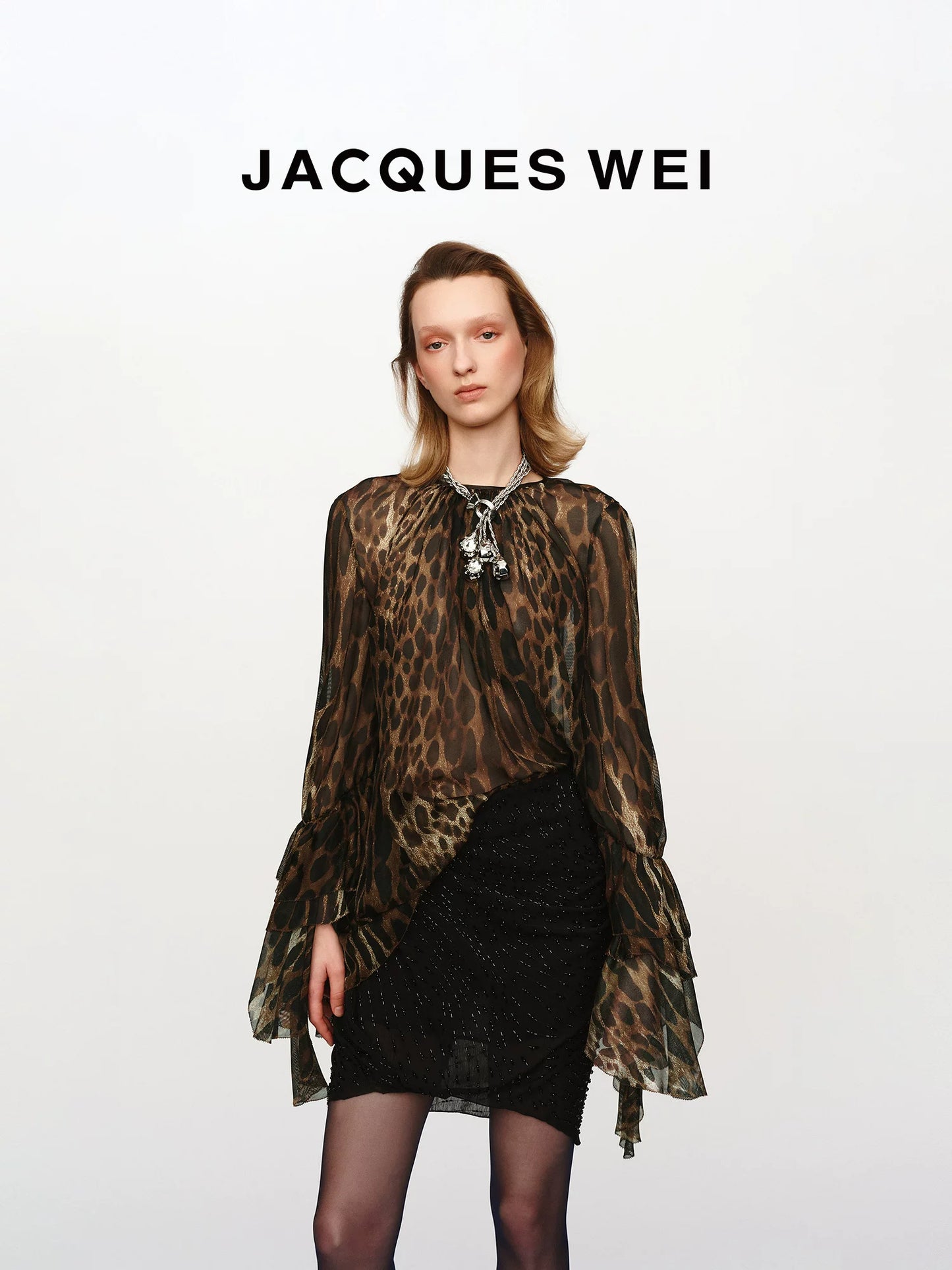 Leopard-Print Sheer Blouse with Petal-Edge Sleeves