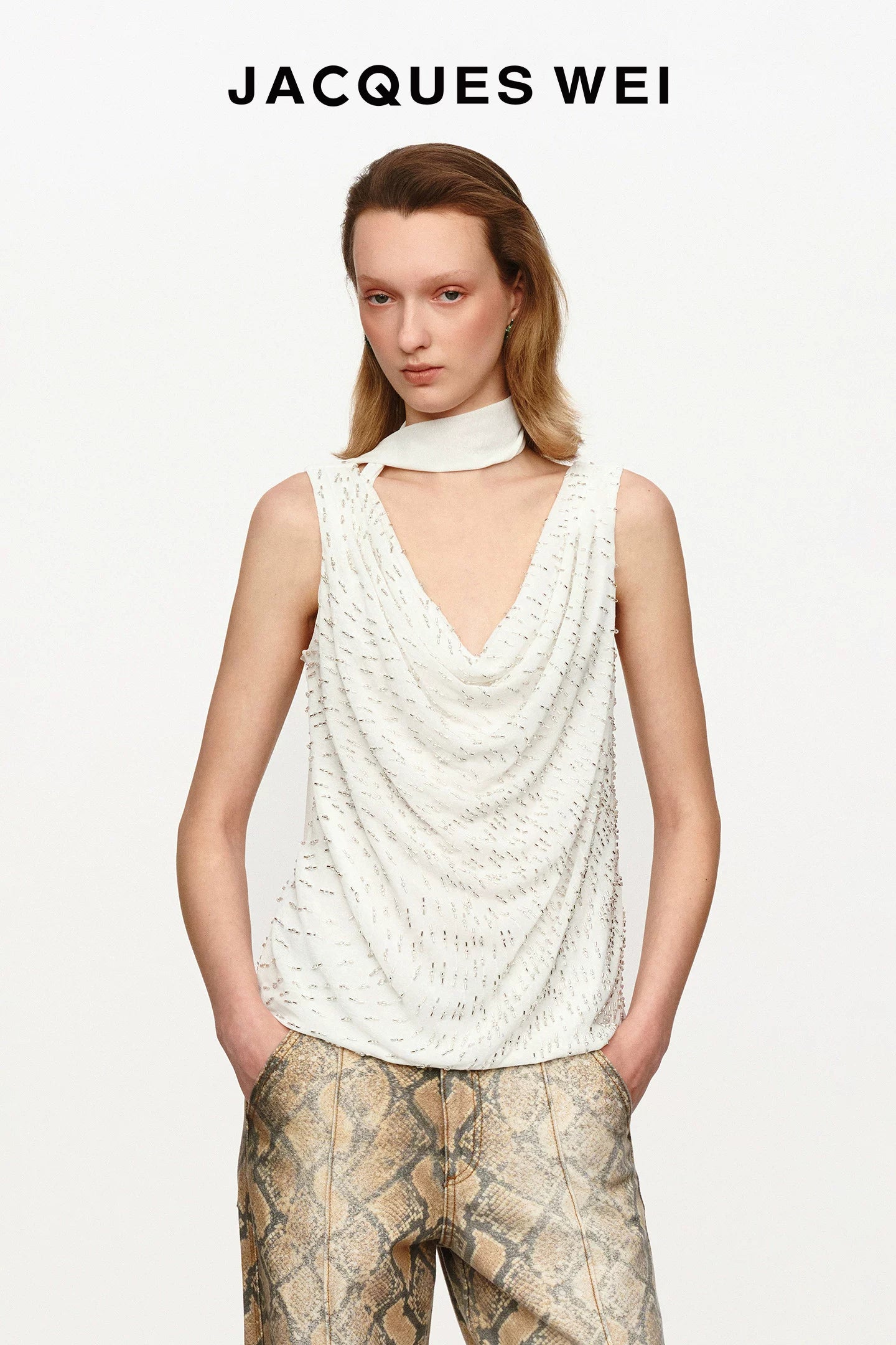 White Beaded Cowl Neck Halter Top