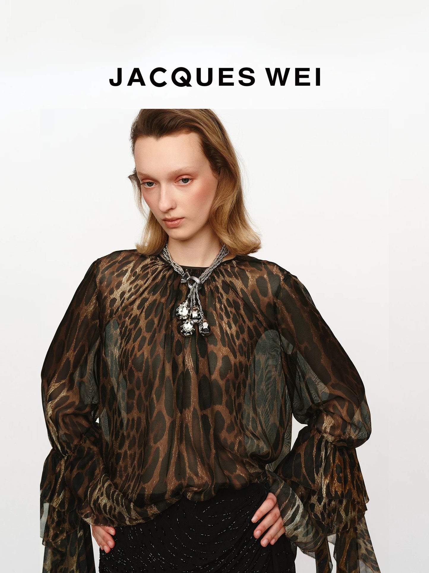 Leopard-Print Sheer Blouse with Petal-Edge Sleeves
