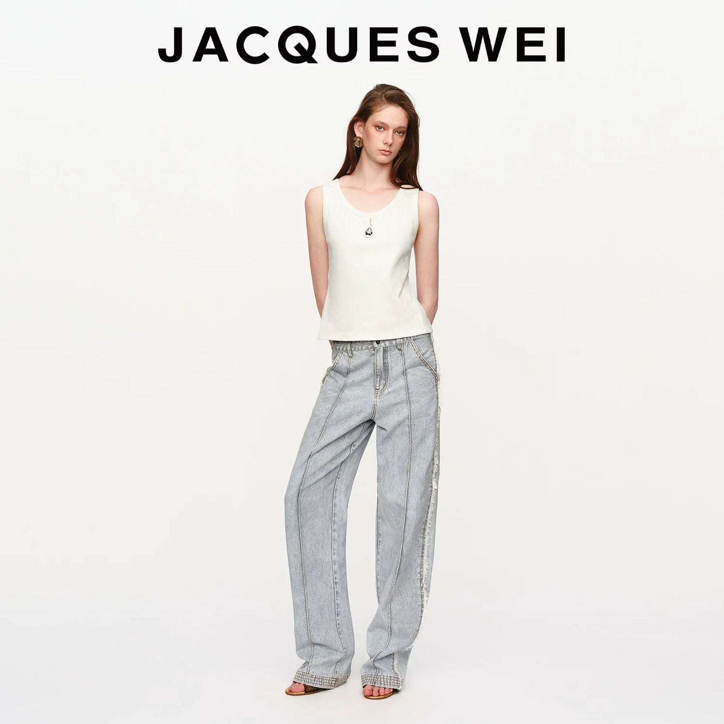 Light Gray Frayed Straight-Leg Jeans