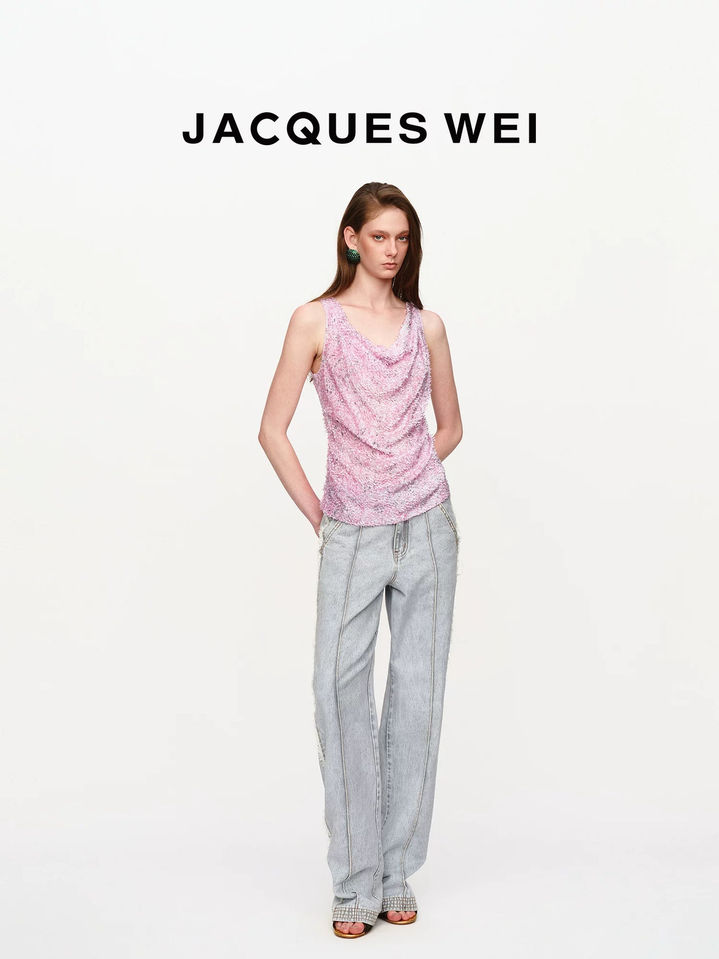 Pink Frayed Silk-Blend Scoop-Neck Tank Top