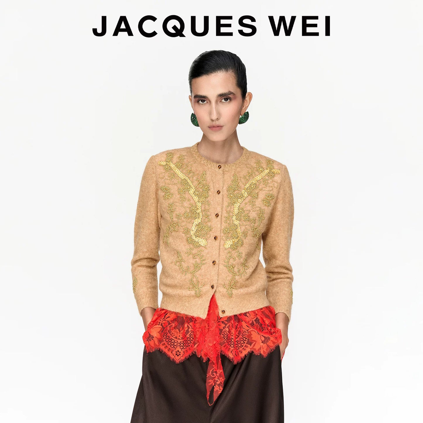 Handcrafted Floral Beaded Wool Cardigan in Light Camel