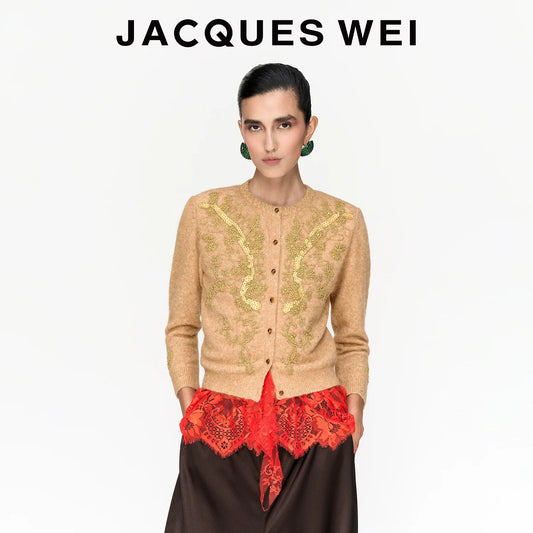 Handcrafted Floral Beaded Wool Cardigan in Light Camel