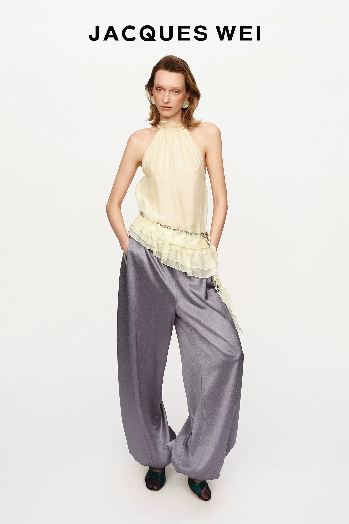 Leather Panel Drawstring Silk Trousers