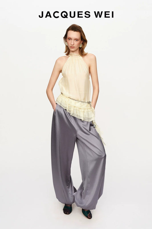 Leather Panel Drawstring Silk Trousers
