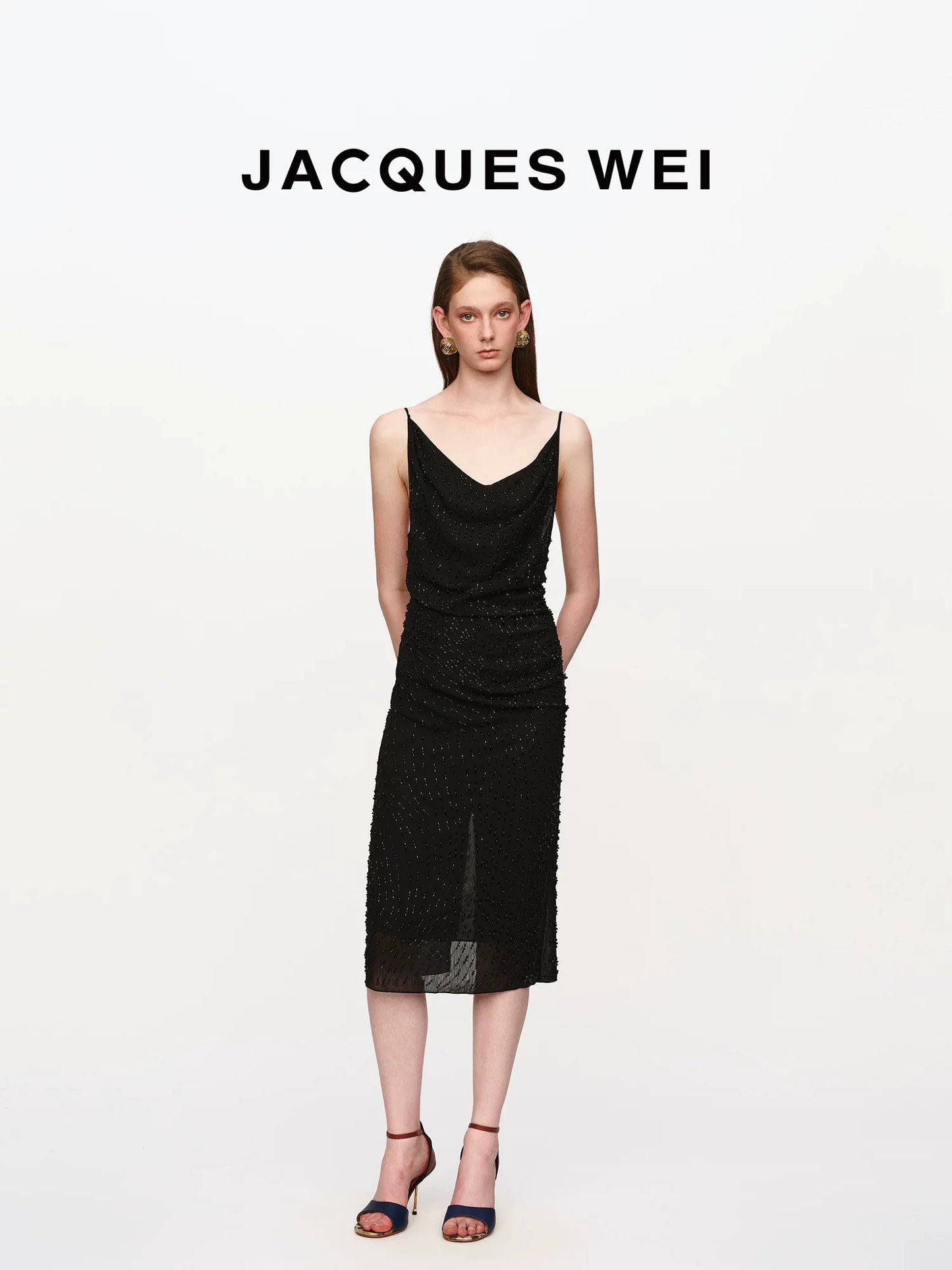 Black Beaded Draped Halter Dress