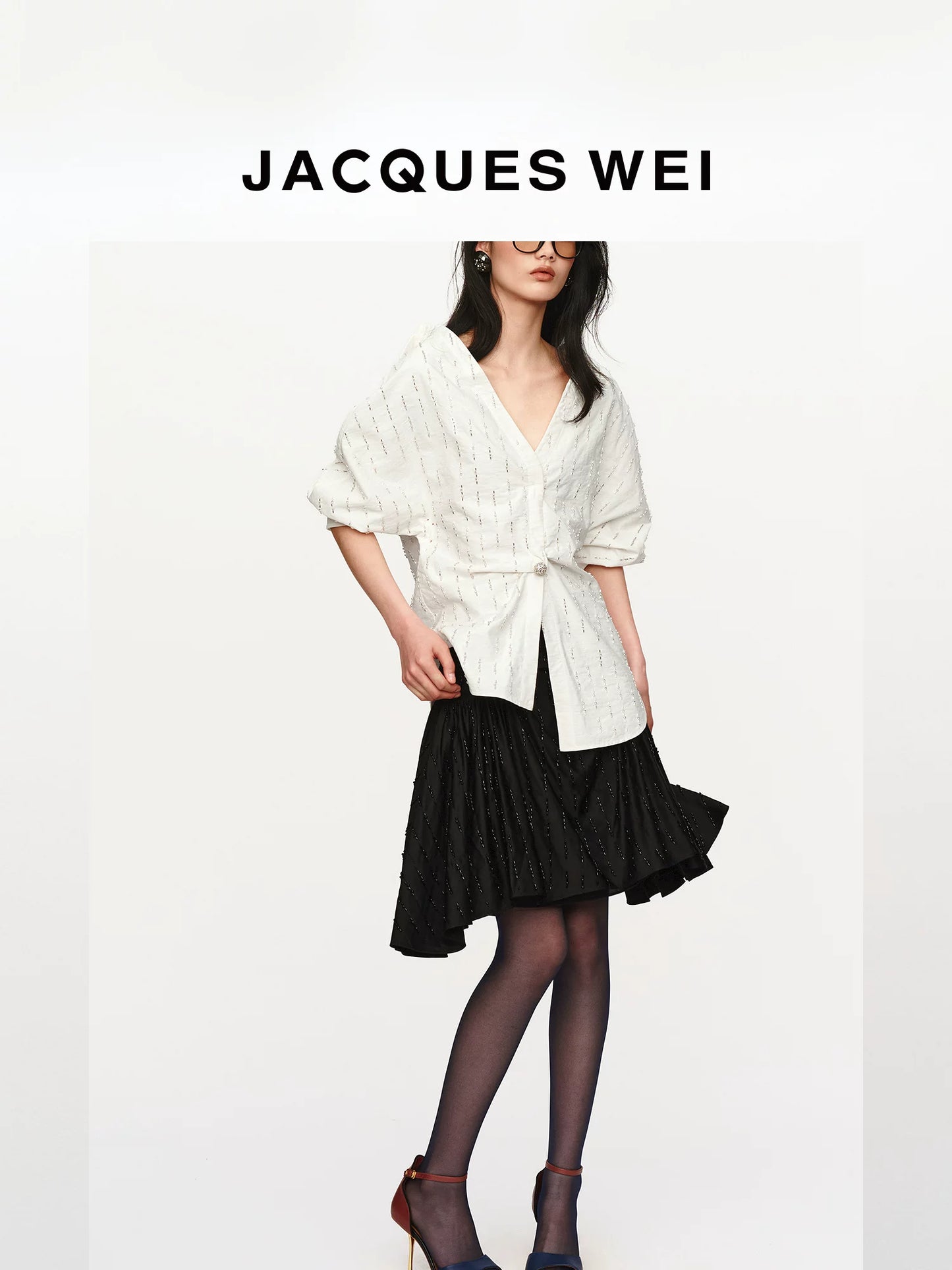 White Beaded Floral-Button Drop-Shoulder Shirt