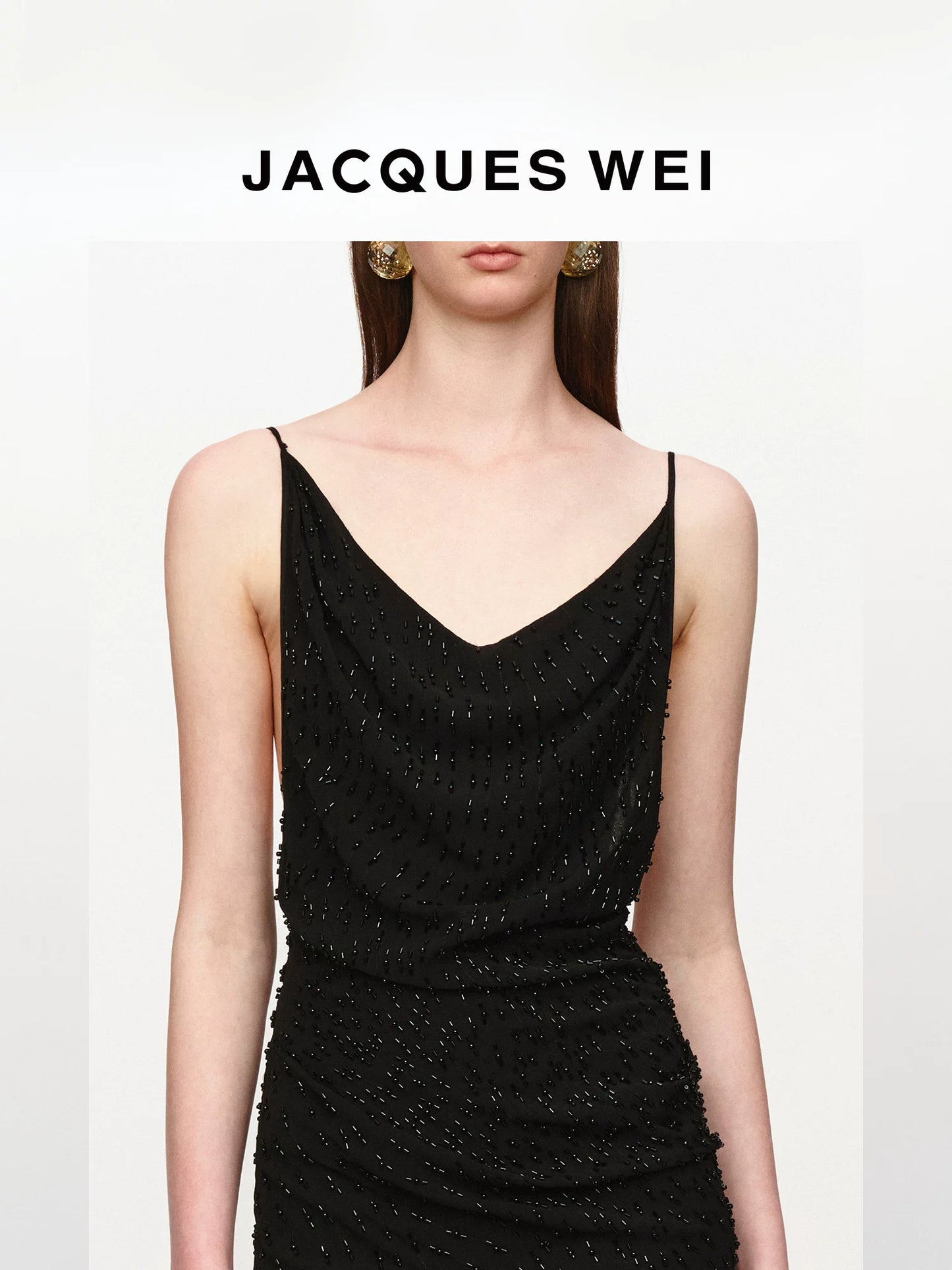 Black Beaded Draped Halter Dress