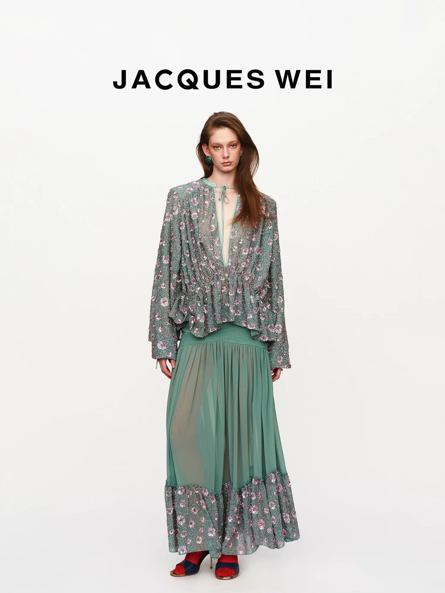 Aqua Green Sequin-Embroidered Pleated Maxi Skirt