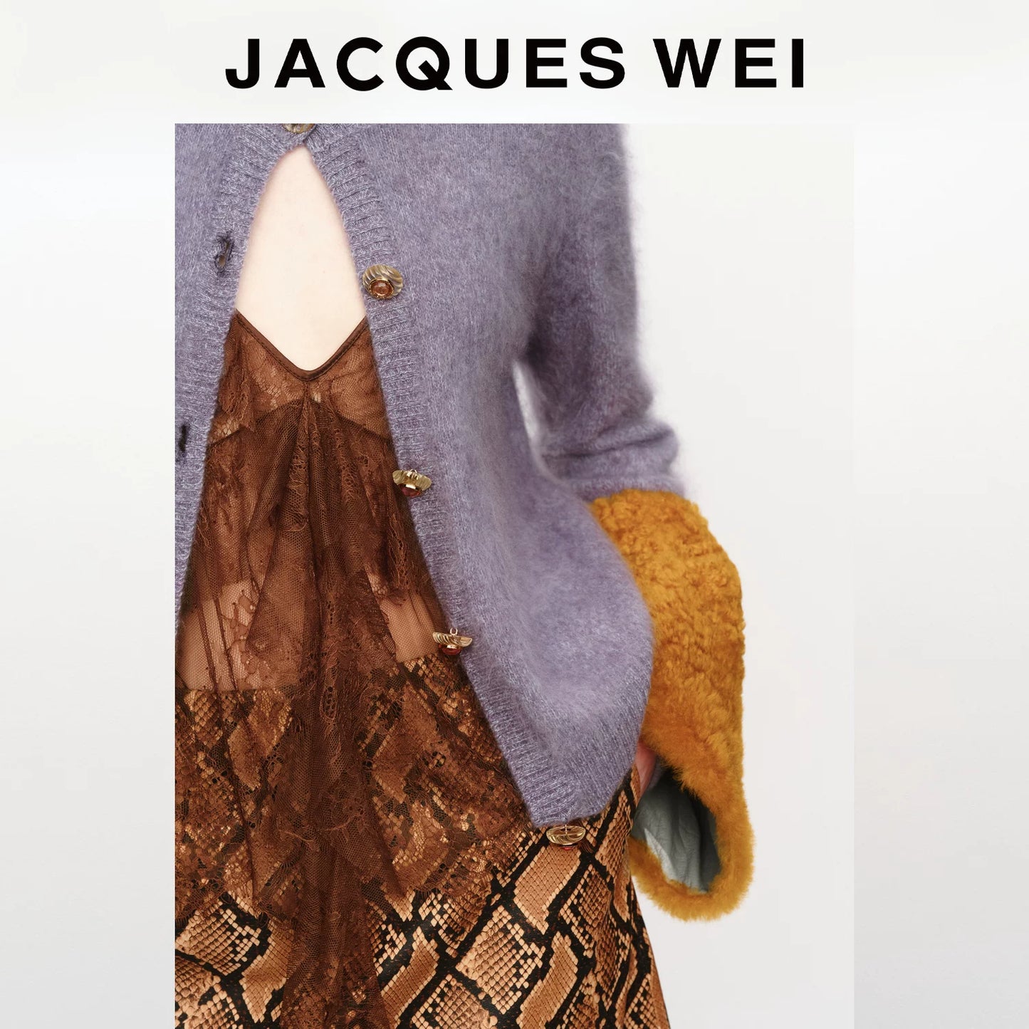 Purple Merino Wool Cardigan with Detachable Lambskin Sleeves