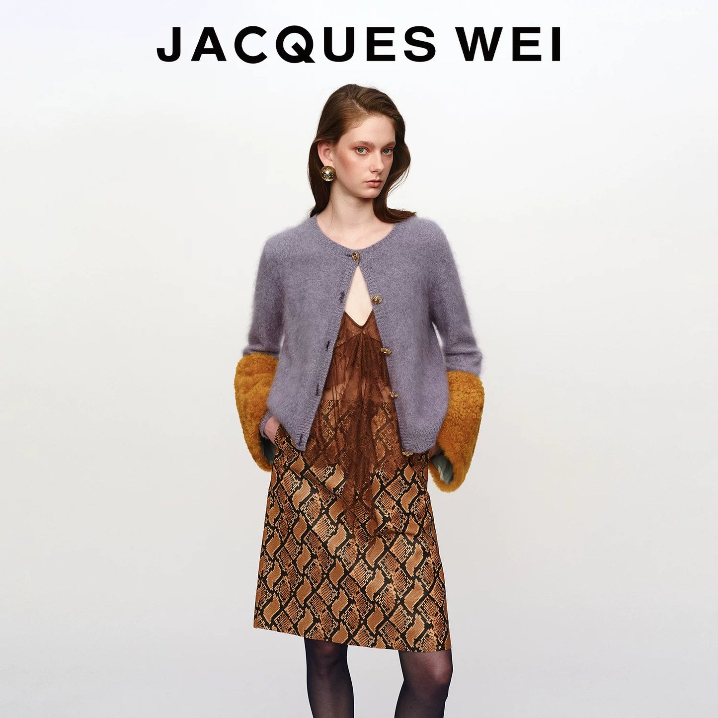 Purple Merino Wool Cardigan with Detachable Lambskin Sleeves