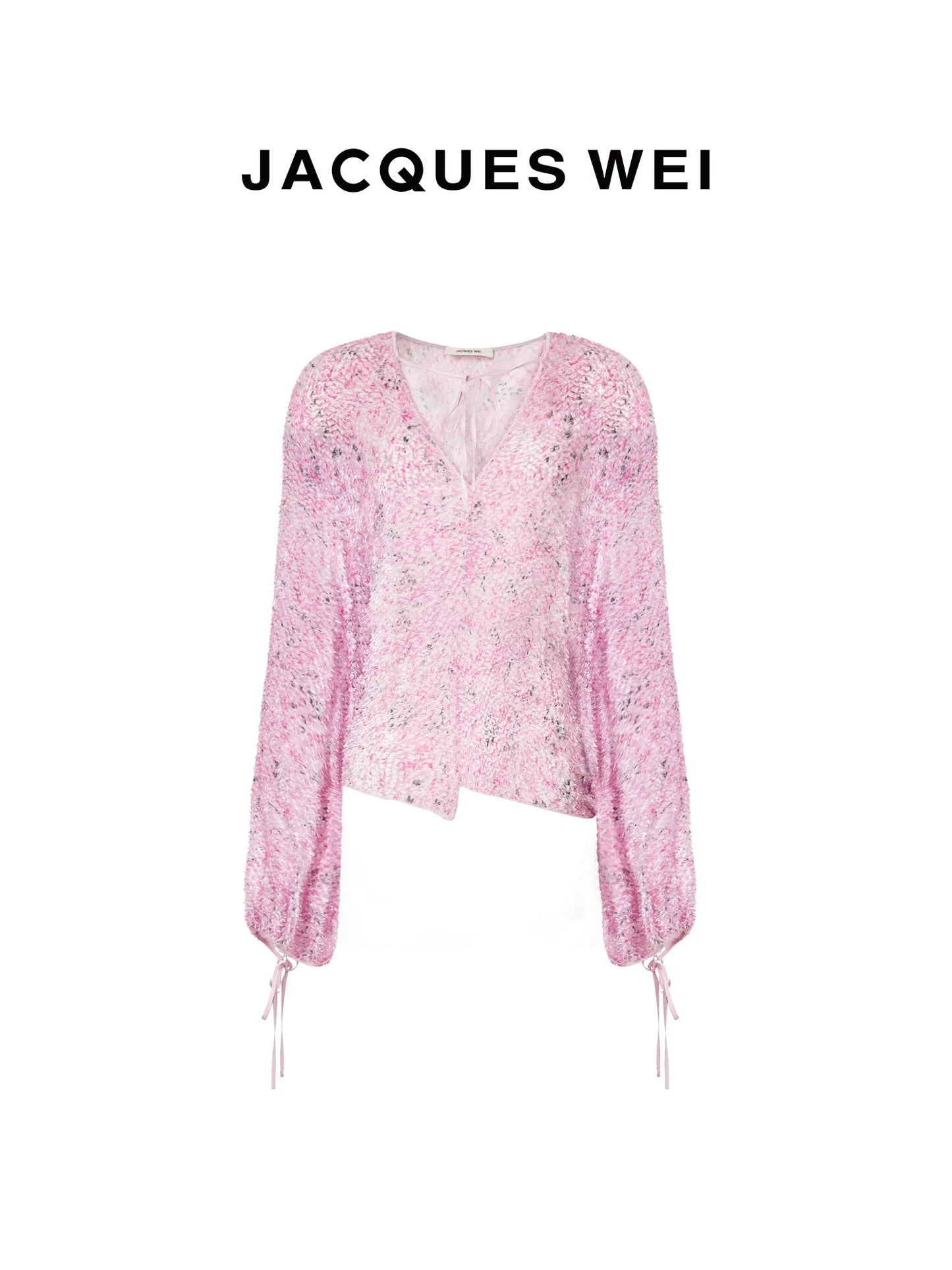 Pink Frayed Silk-Blend Irregular V-Neck Tie Blouse