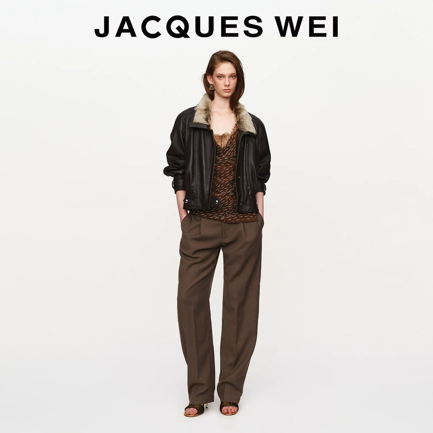 Dark Brown Crinkled Leather Collar Jacket