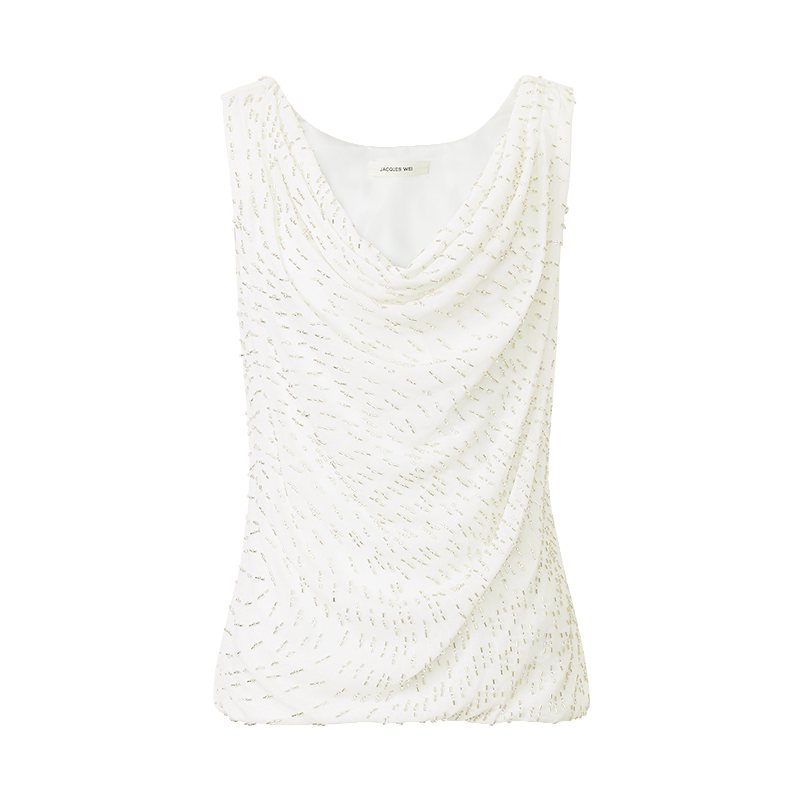 White Beaded Cowl Neck Halter Top