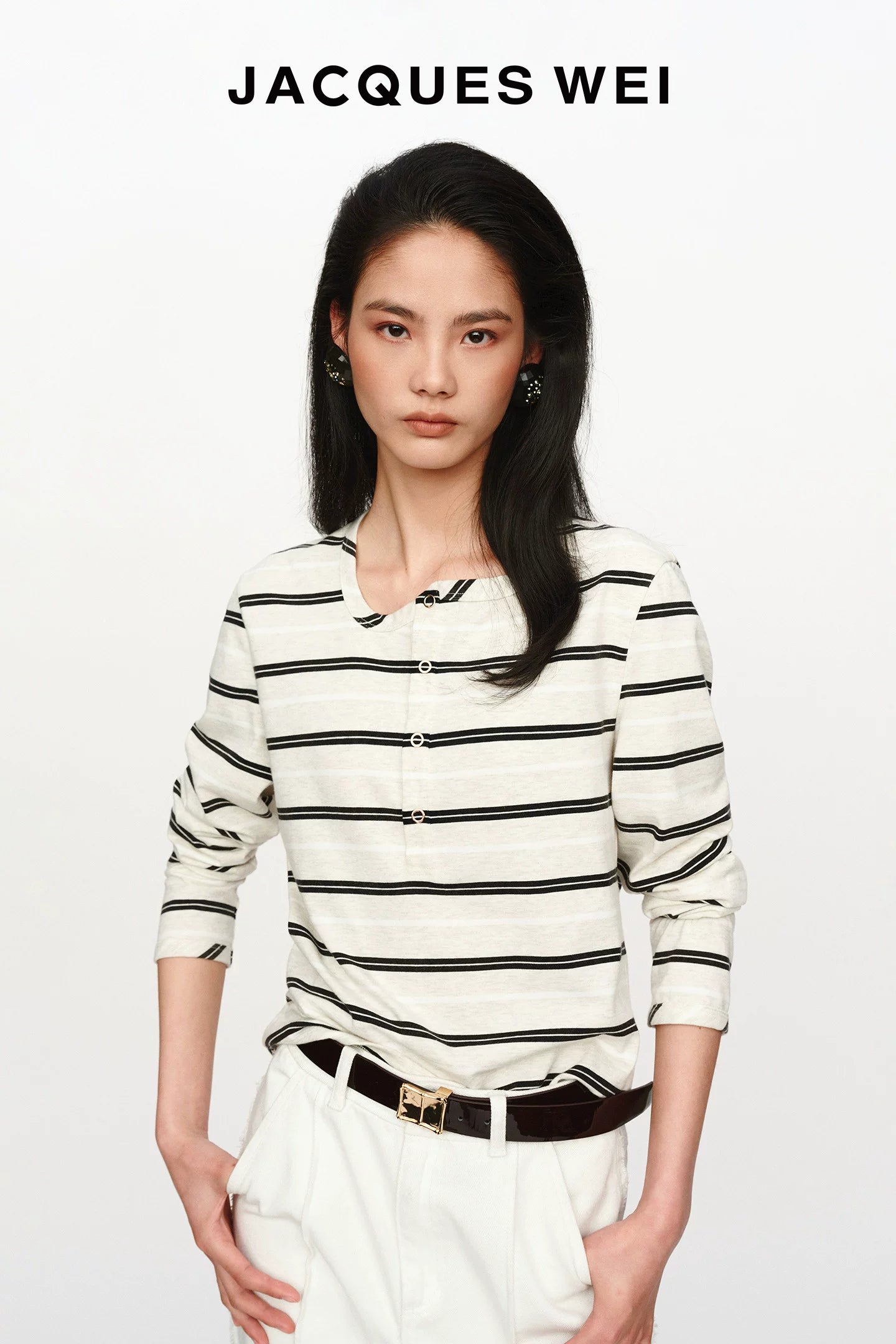 Irregular Wave Neckline White Pinstripe Long Sleeve T-Shirt