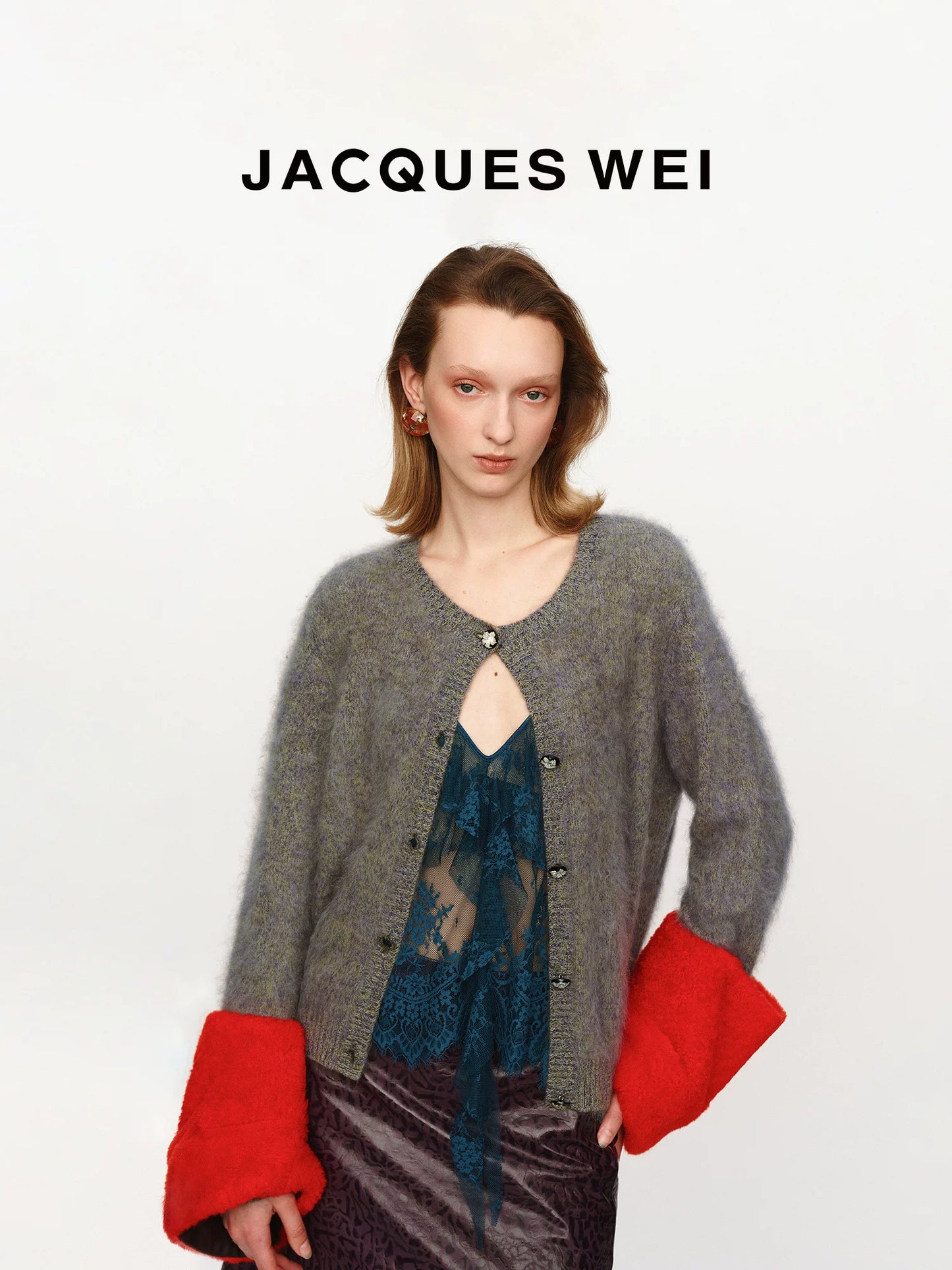 Merino Wool Knit Cardigan with Detachable Leather Sleeves