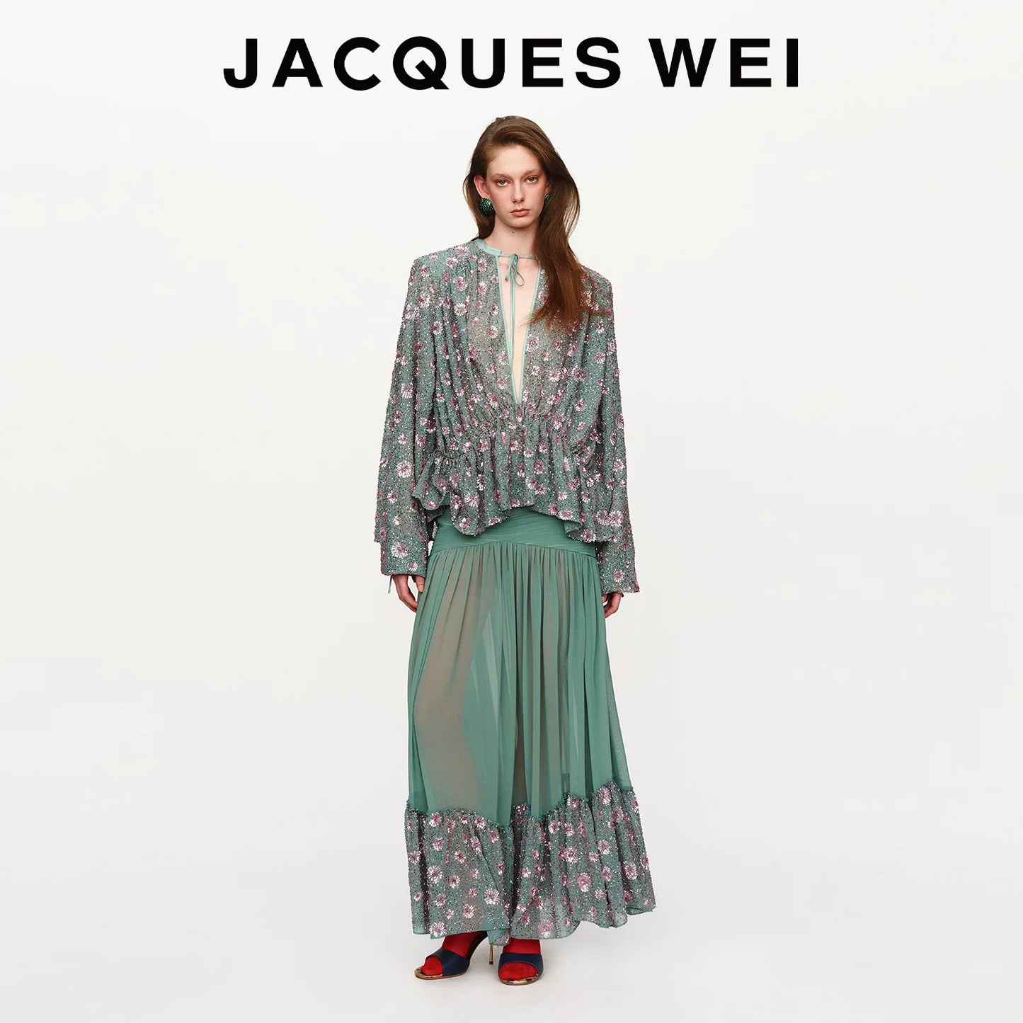Aqua Green Sequin-Embroidered V-Neck Belted Shirt