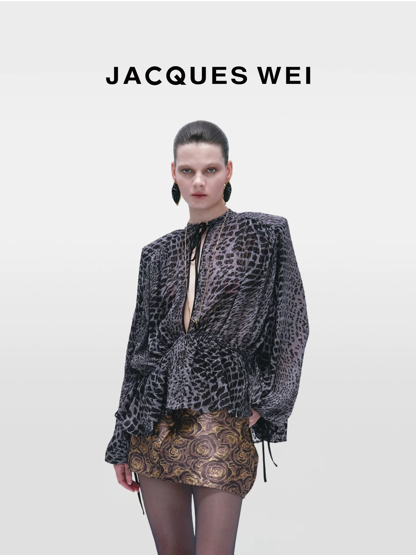 Dark Grey Fish Scale Print Silk Blouse