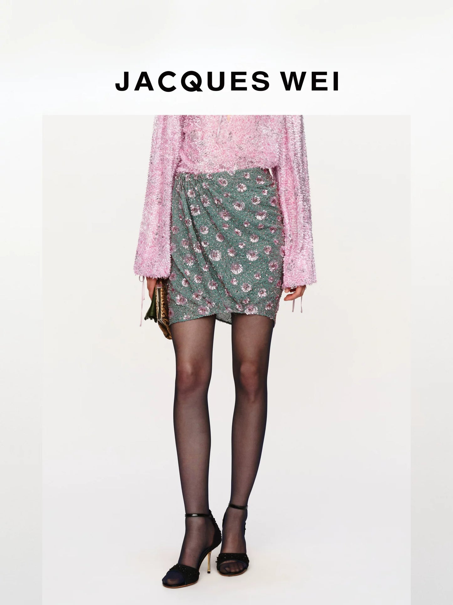 Aqua Green Sequin-Embroidered Pleated Skirt