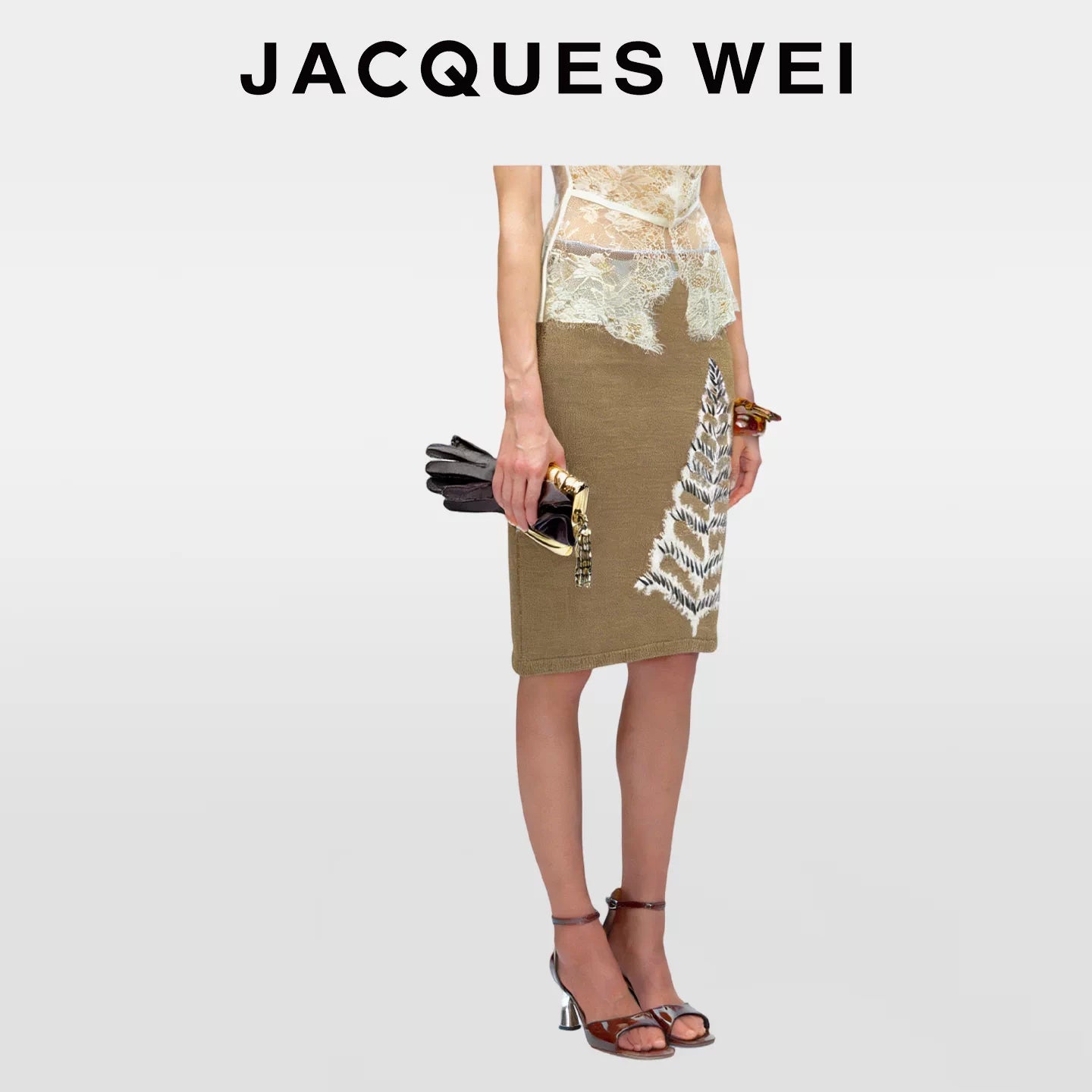 Dark Gold Floral Pointelle Knit Midi Skirt