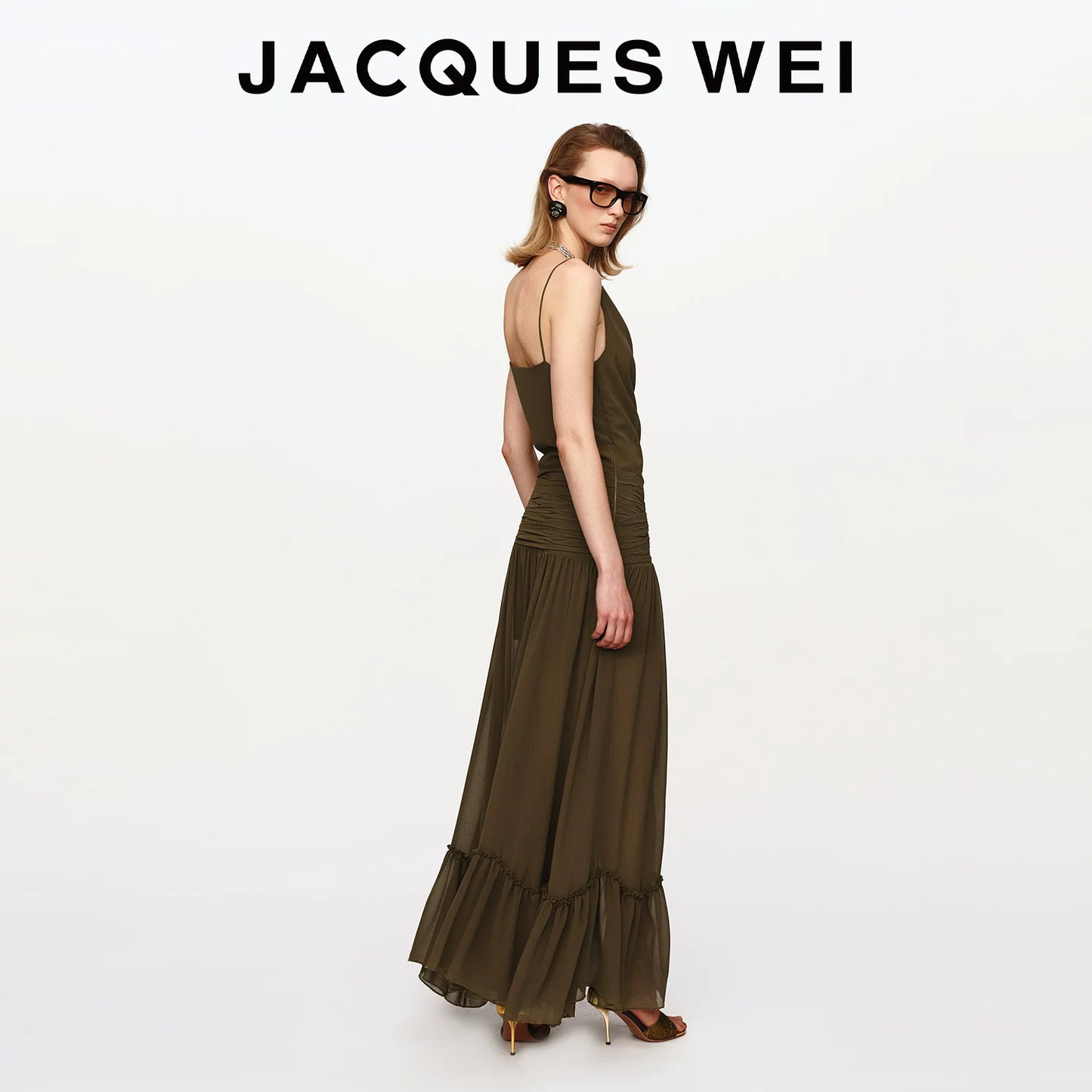 Olive Green Ruched-Waist Sheer Suspender Dress