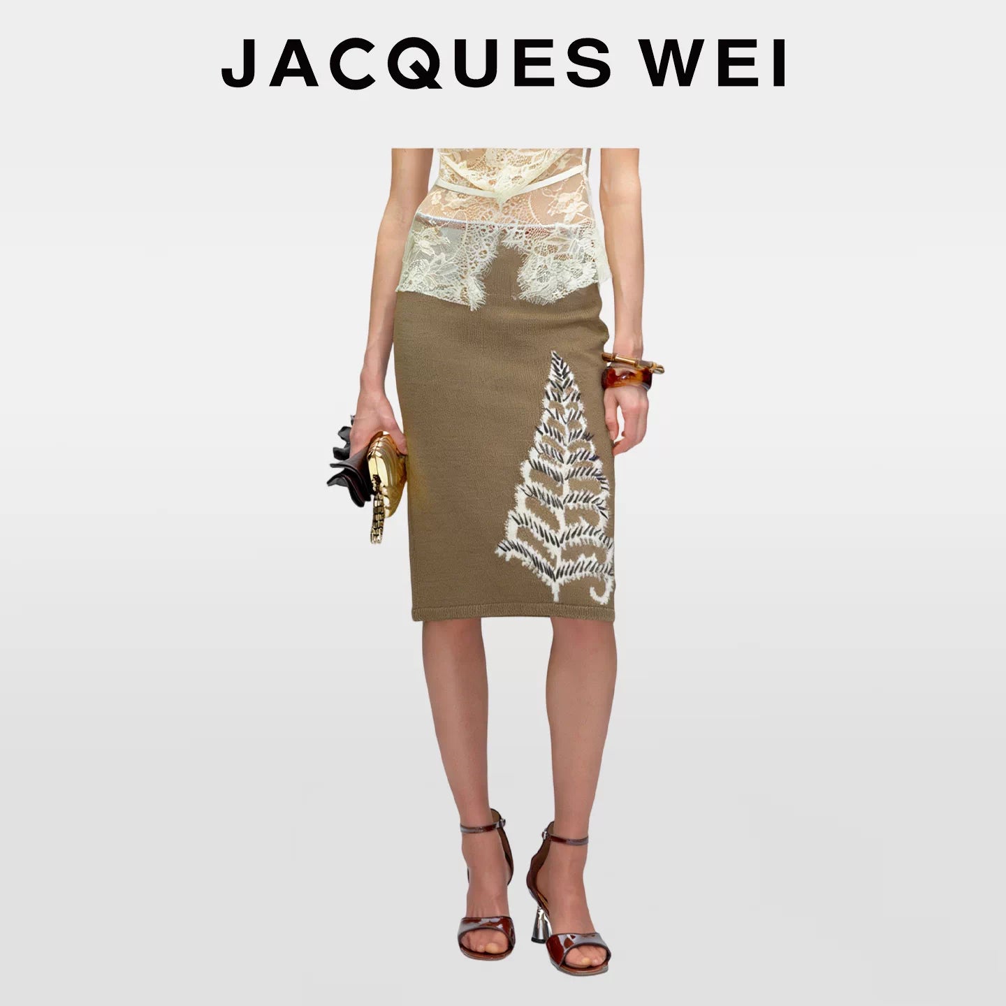 Dark Gold Floral Pointelle Knit Midi Skirt