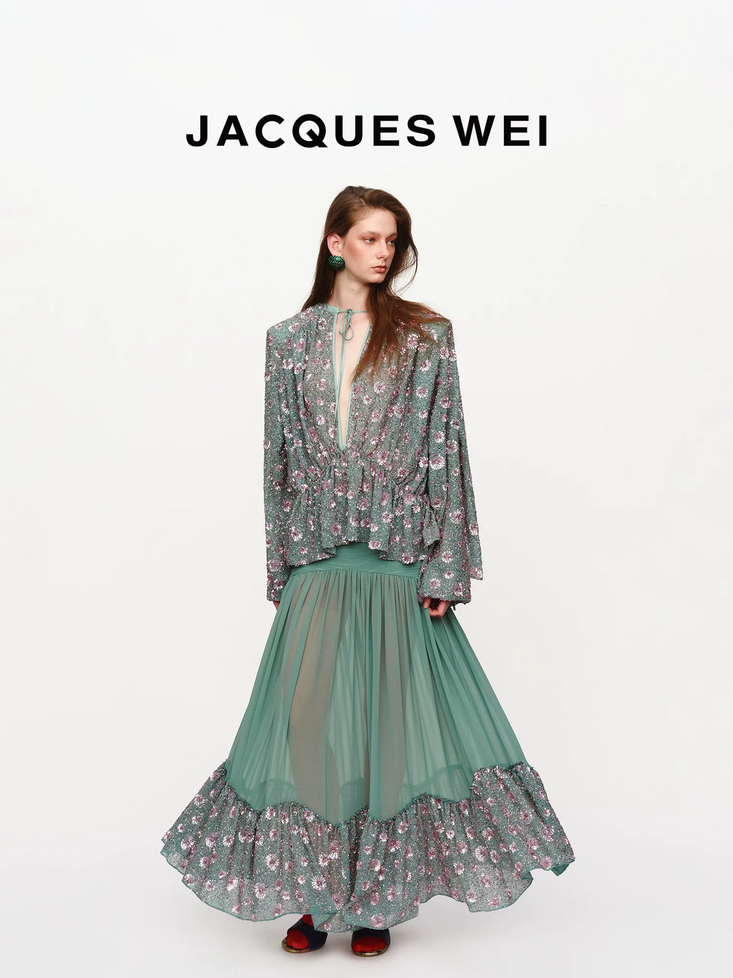 Aqua Green Sequin-Embroidered Pleated Maxi Skirt