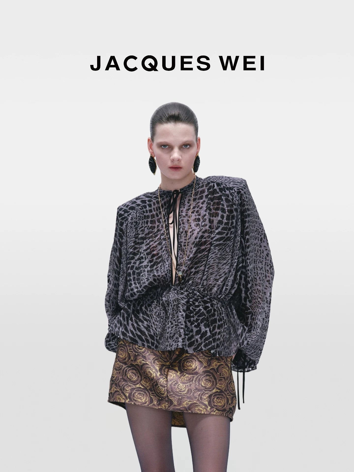 Dark Grey Fish Scale Print Silk Blouse