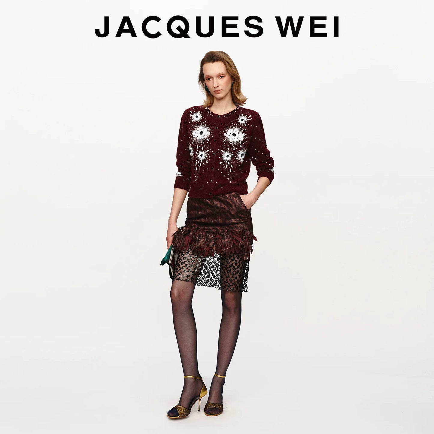 Burgundy Floral Lace-Trim Sheer Sequin Skirt