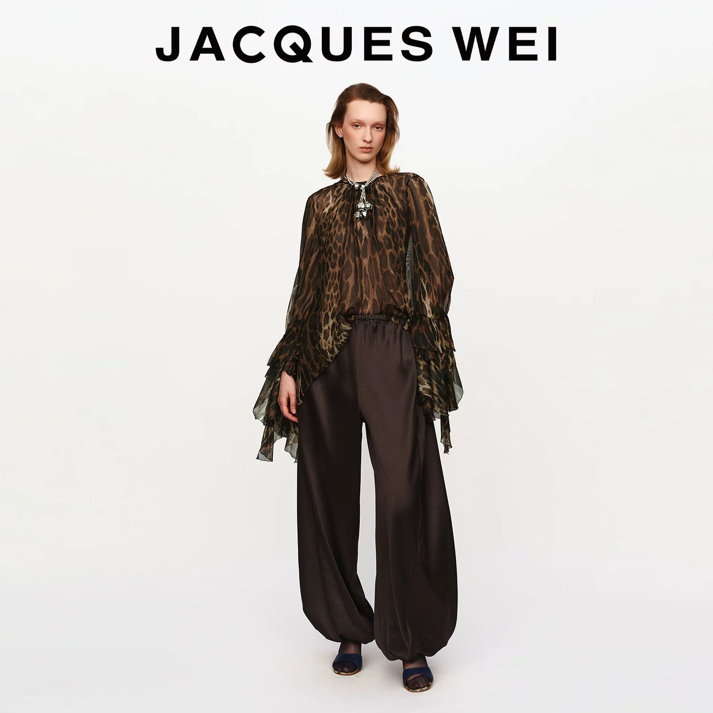Leopard-Print Sheer Blouse with Petal-Edge Sleeves