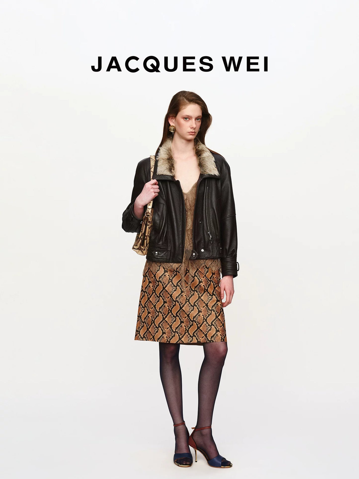 Brown Snake Embossed Leather Midi Skirt