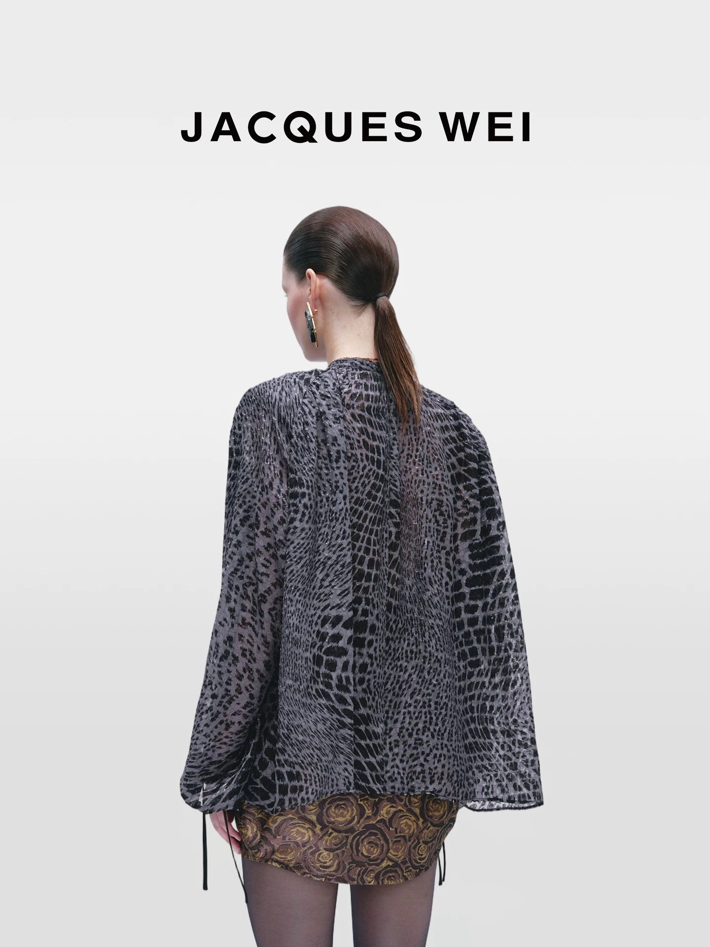 Dark Grey Fish Scale Print Silk Blouse