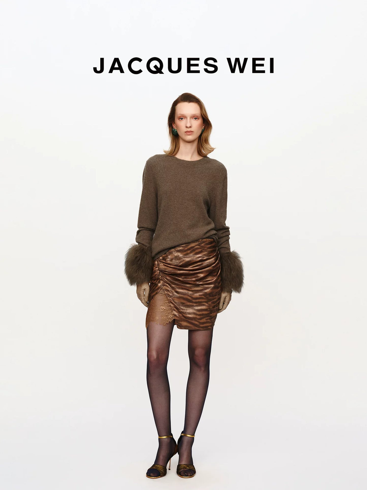 Coffee Floral Jacquard Silk-Panel Pleated Midi Skirt