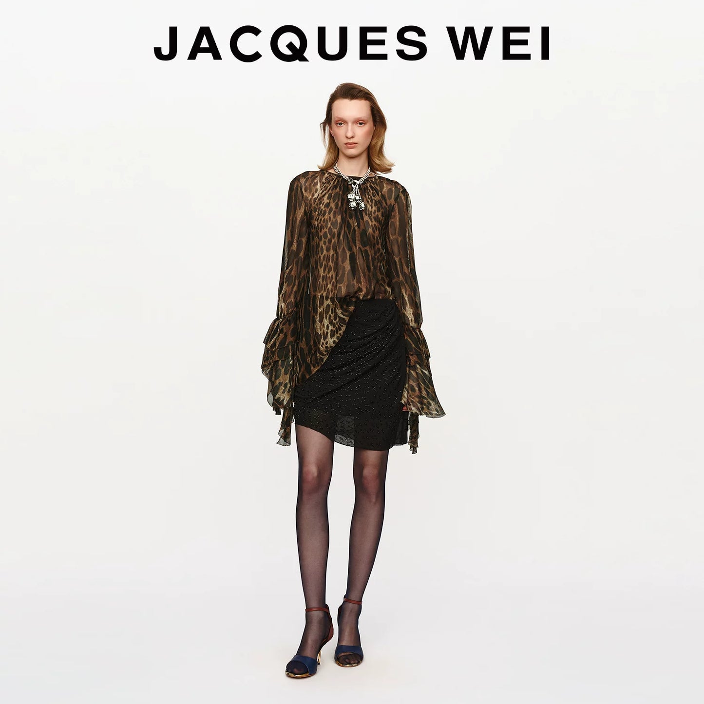 Leopard-Print Sheer Blouse with Petal-Edge Sleeves